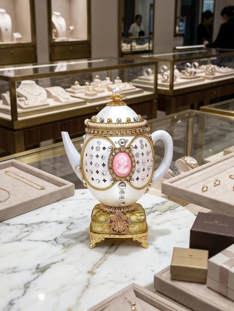 Vintage Cameo Collectible Tea Pot, Natural Faberge Egg Trinket & Faberge Necklace, Handcarved Fabergé Egg, Musical Egg for Wife, 35th Anniversary.
