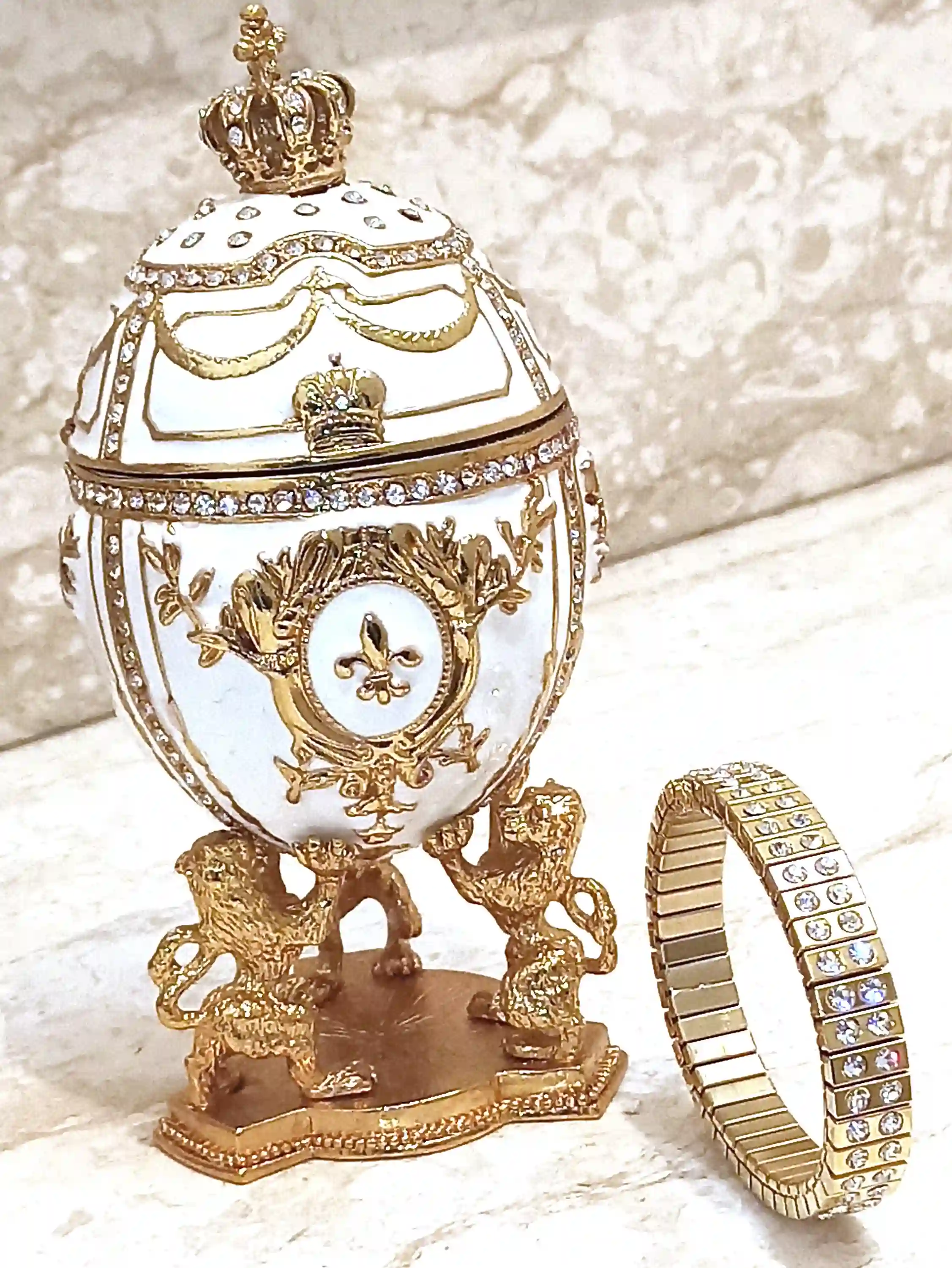IMPERIAL White Faberge Egg style 24K Lion 4ct Faberge Trinket box 200 SWAROVSKI Diam & Bracelet 2ct/Faberge Egg Ornament Faberge Jewelry Box 