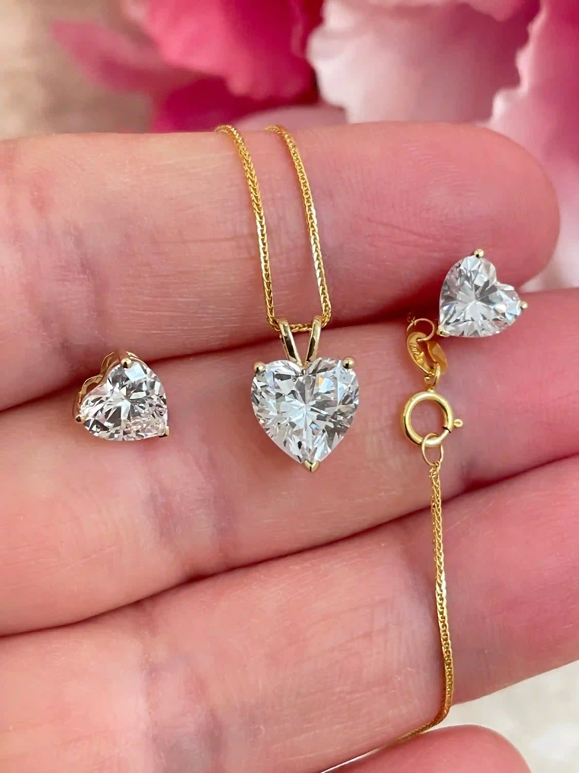 3.5ct Diamond Heart Earrings Diamond Pendant Heart Necklace SOLID 18K GOLD Jewelry HANDMADE Mother's day present gift for her Birthday wife 
