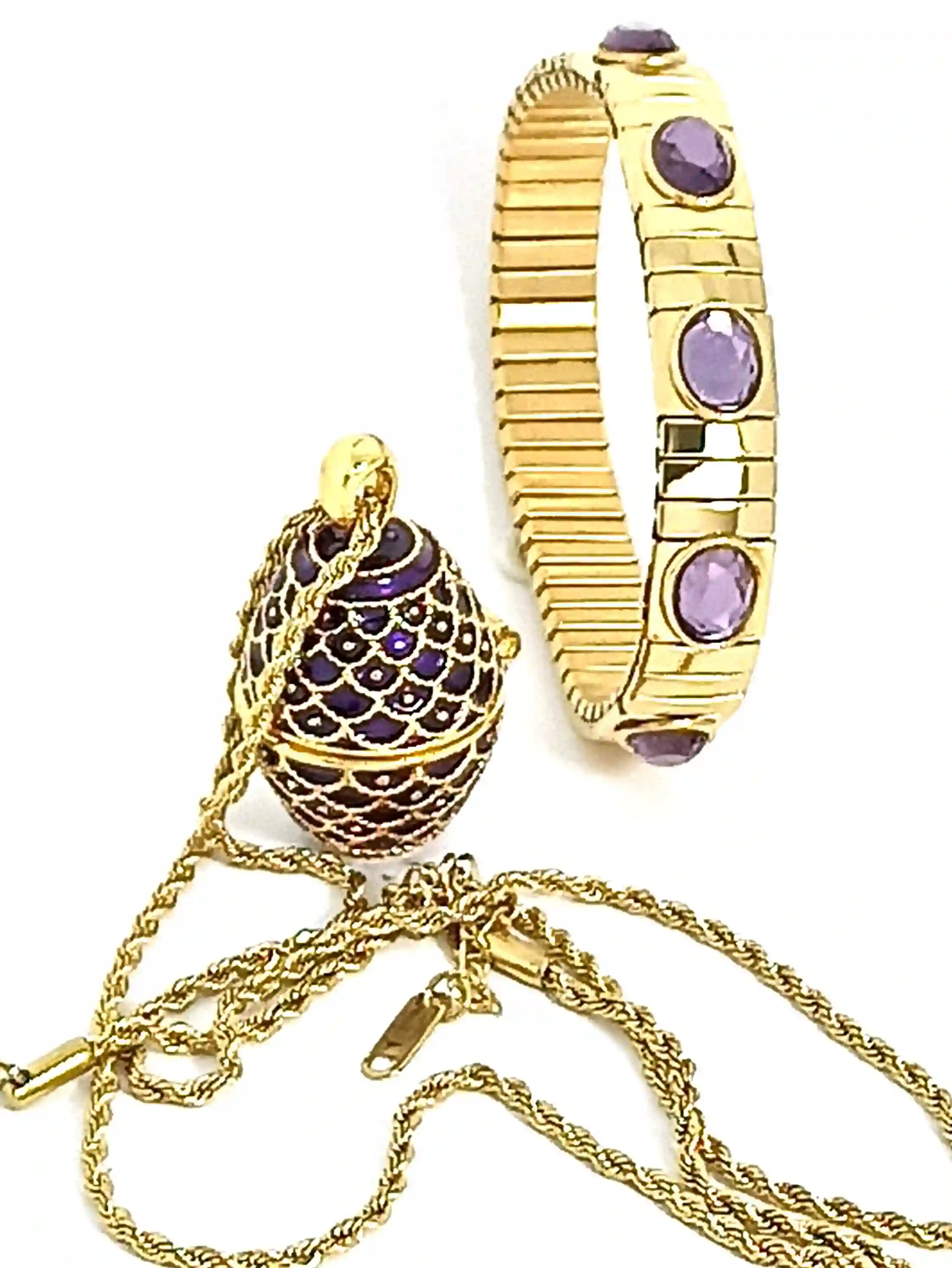 HANDMADE Amethyst Pendant Egg Necklace - Faberge Style egg- Faberge Egg Pendant + Purple Bracelet -24k GOLD - Ladies jewelry Austrian Gem 