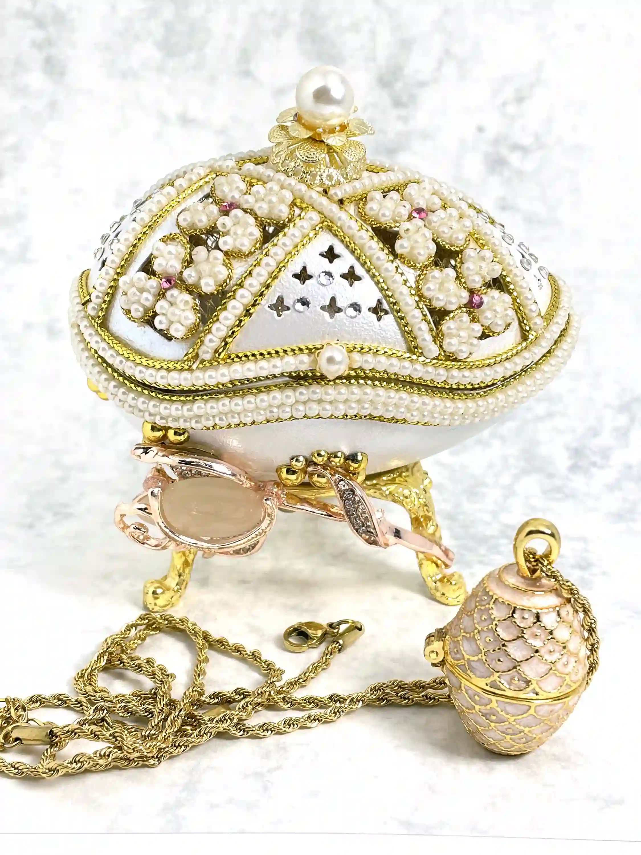 Limited Edition - Faberge egg Music box + Pink Faberge egg Pendant Necklace + Bracelet - 24k Gold - Birthday gifts - Faberge egg style - 