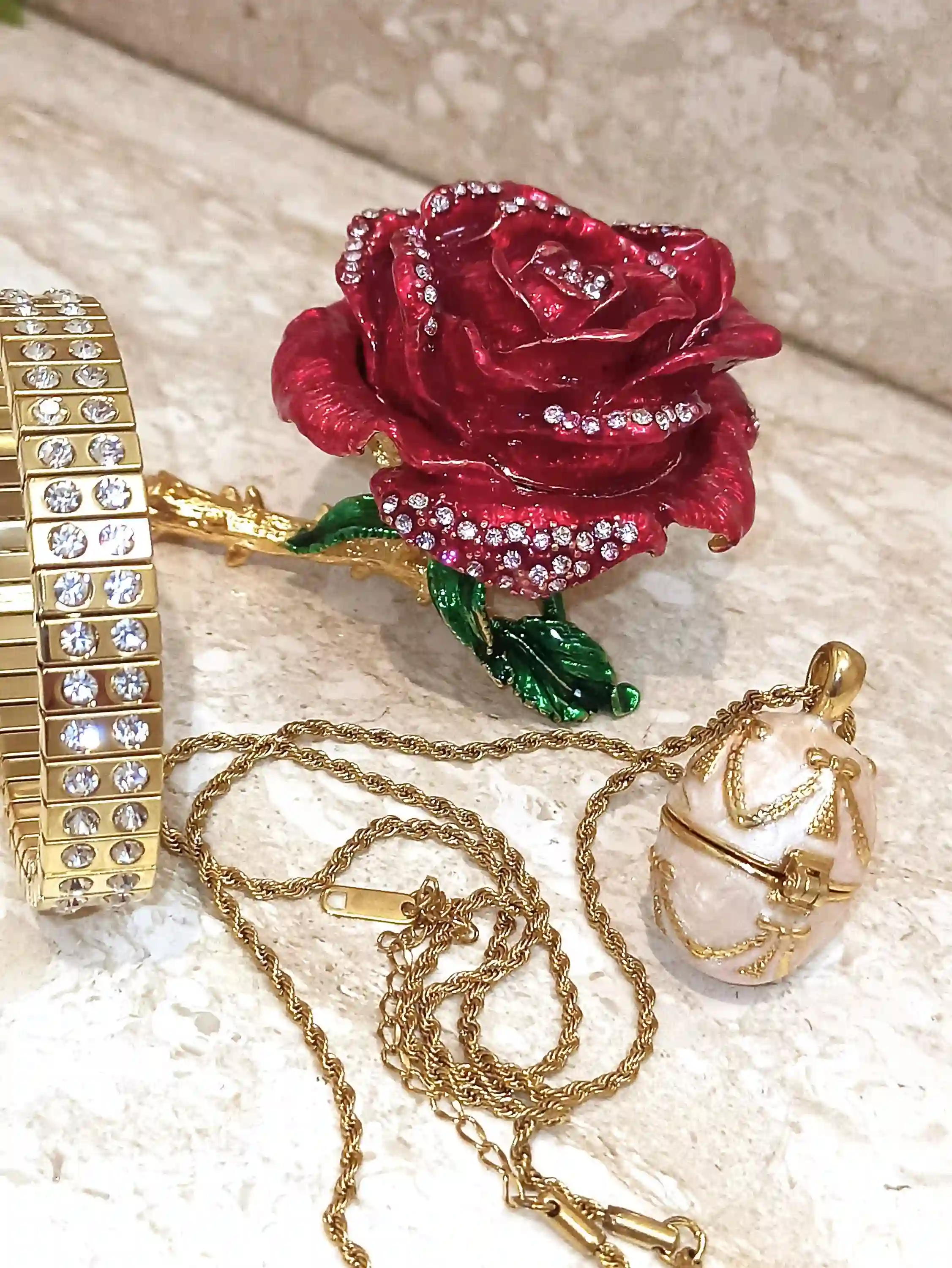 7ct - Luxury Valentines day - Faberge egg - Red Rose Valentine Ring box + Faberge Necklace + Bracelet -Handmade Valentines day gift-24K GOLD 