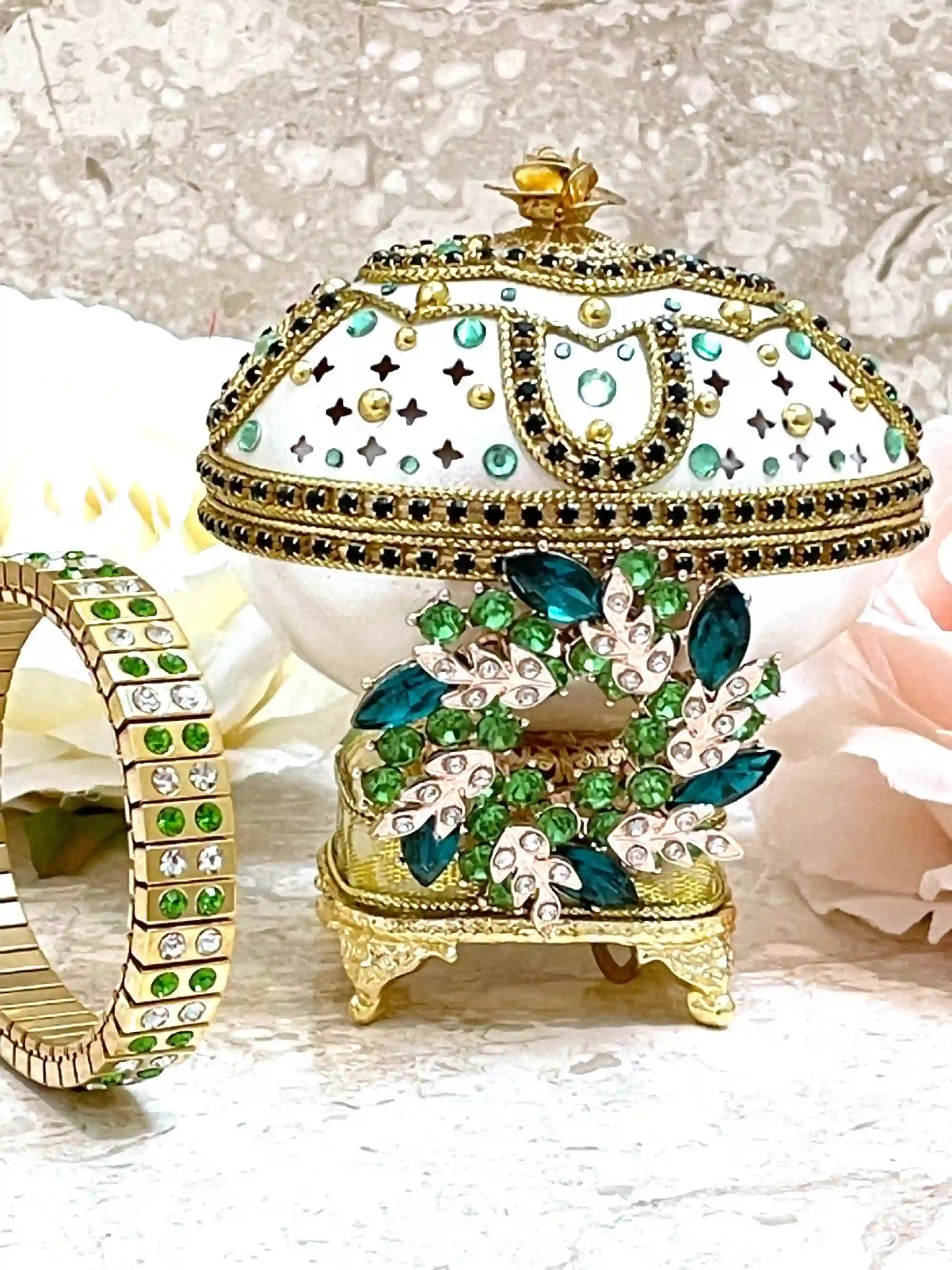 UNIQUE Faberge Egg Style 24k EMERALD Olive Wreath Engagement Ornament Proposal Ring box Gift for her Faberge egg Engagement Gift Fiance Wife 