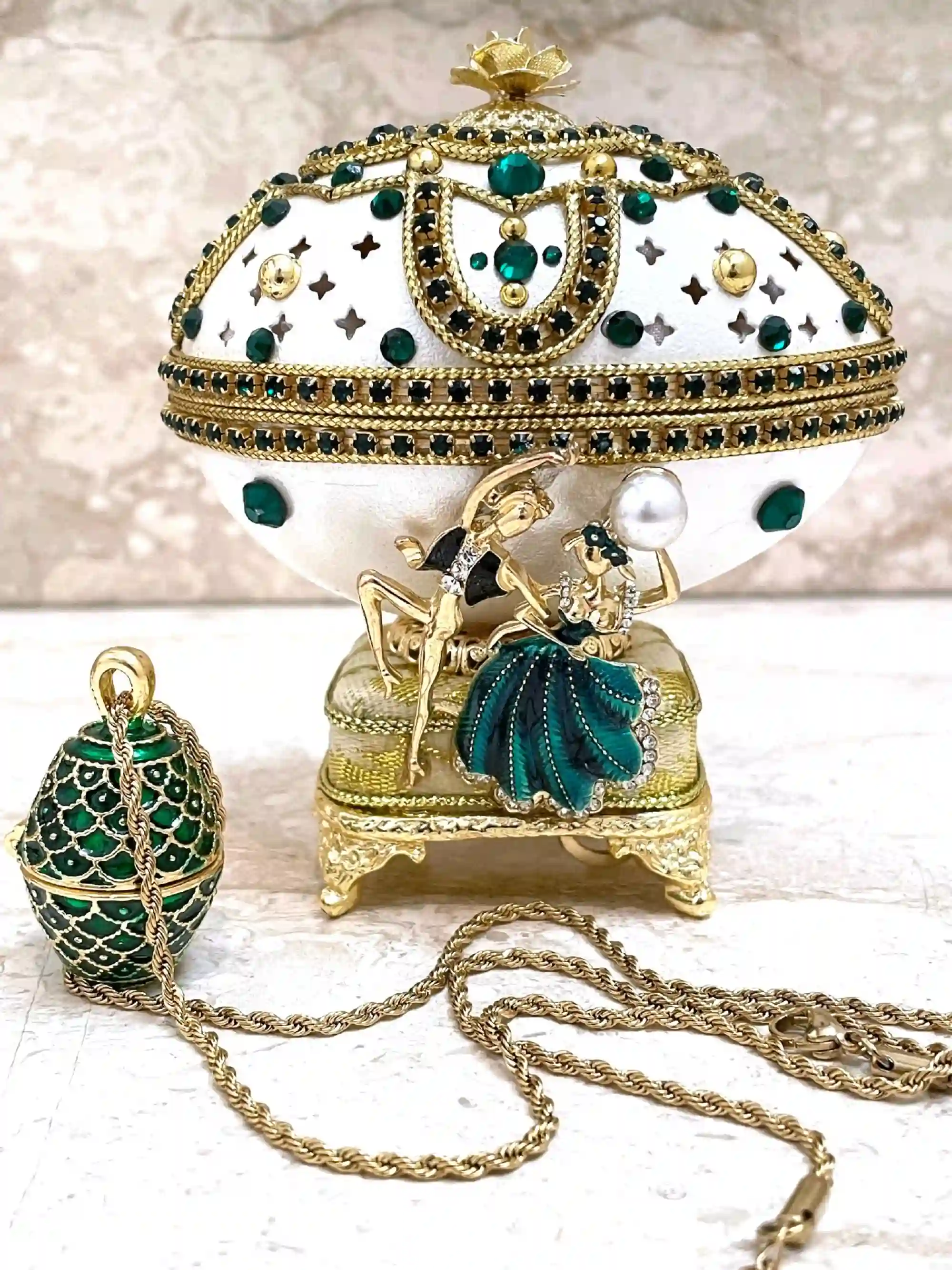 Emerald- Valentines Day SET - ONE Only - Faberge Egg style Jewelry Box + Faberge Jewelry - Valentines day couple gifts - HANDCARVED Egg -24k 