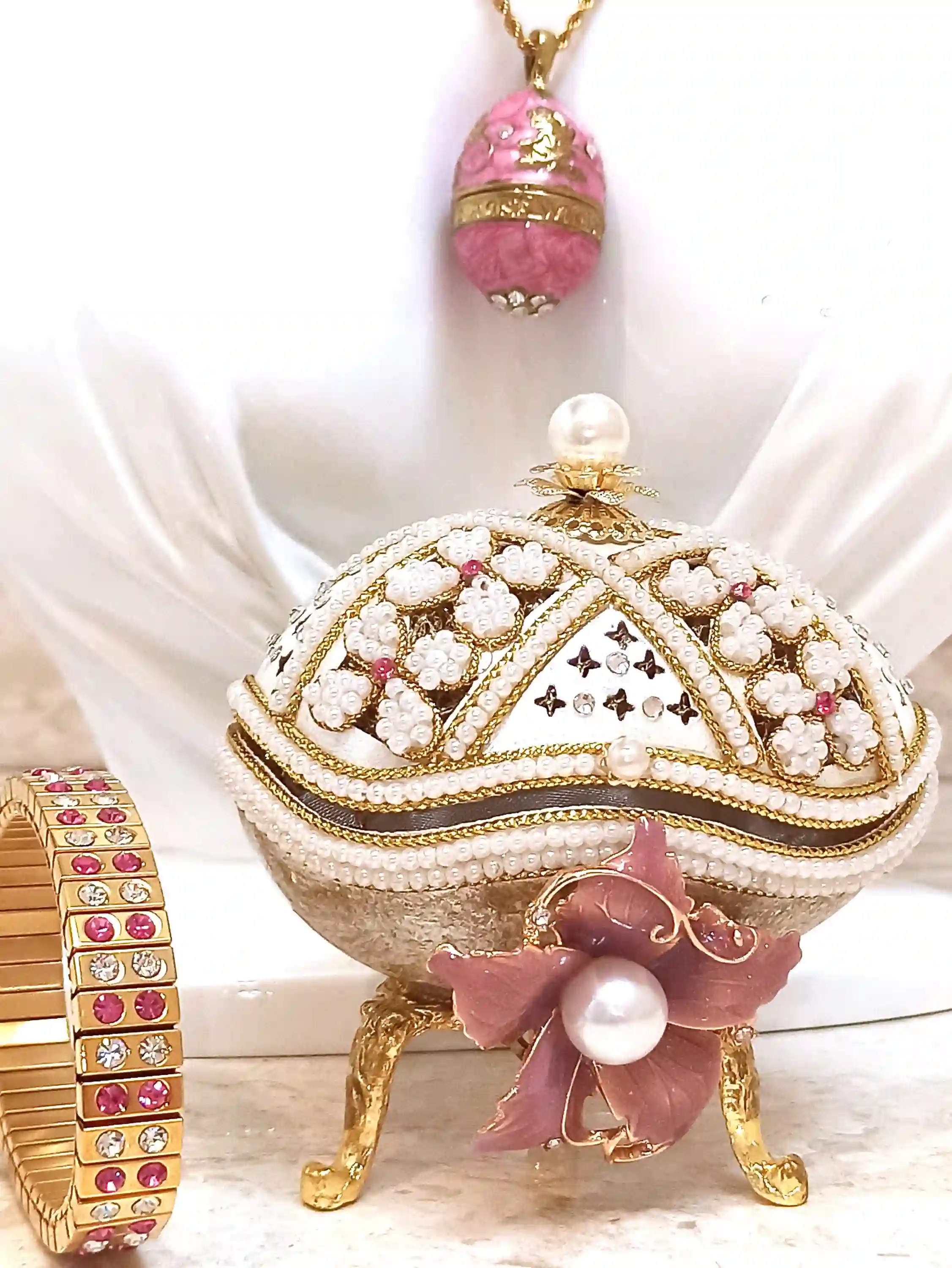 UNIQUE Pink Pearl Jewelry Faberge style egg, New Mom Gift Box,24k GOLD,Trinket Box ,Russian Music Box - Faberge Egg Necklace - 2ct Bracelet 