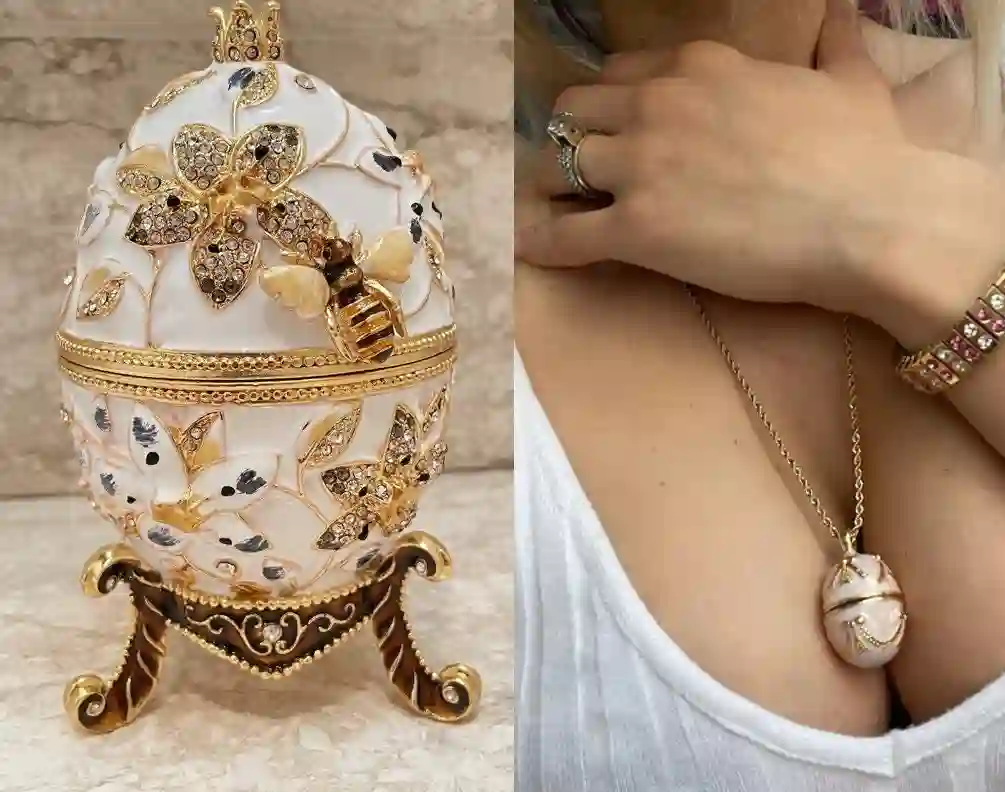 Designer White Faberge Egg style Necklace PLUS Engagement Gift Fabrege Eggs Handpainted Jewelry Box Wedding gift for parent 400 HANDSET Crys 