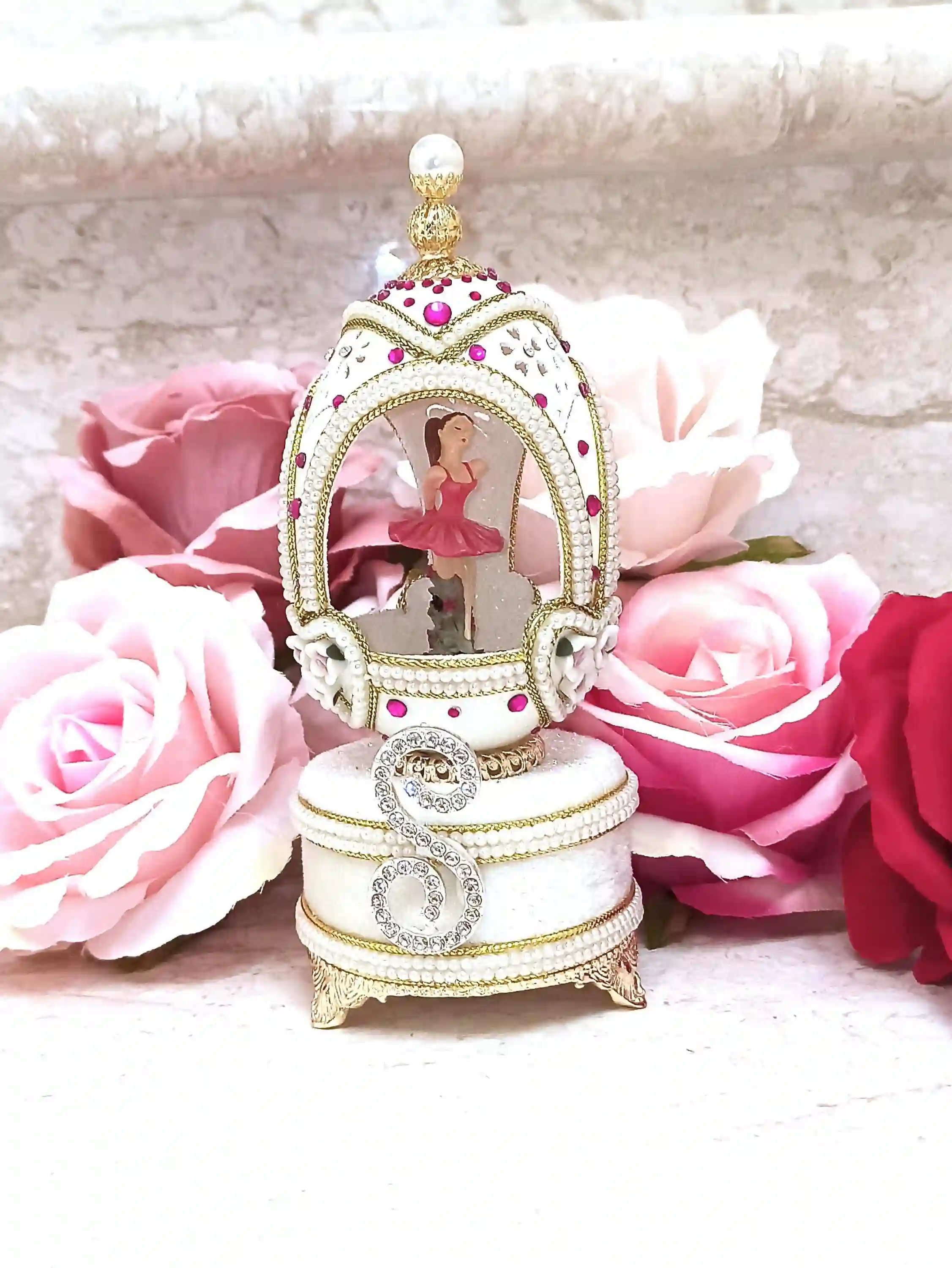 Personalized Gift for her Faberge egg Ornament Custom Figurine HAND Carved Natural Egg Faberge Music box Monogram 24k GOLD HANDMADE present 
