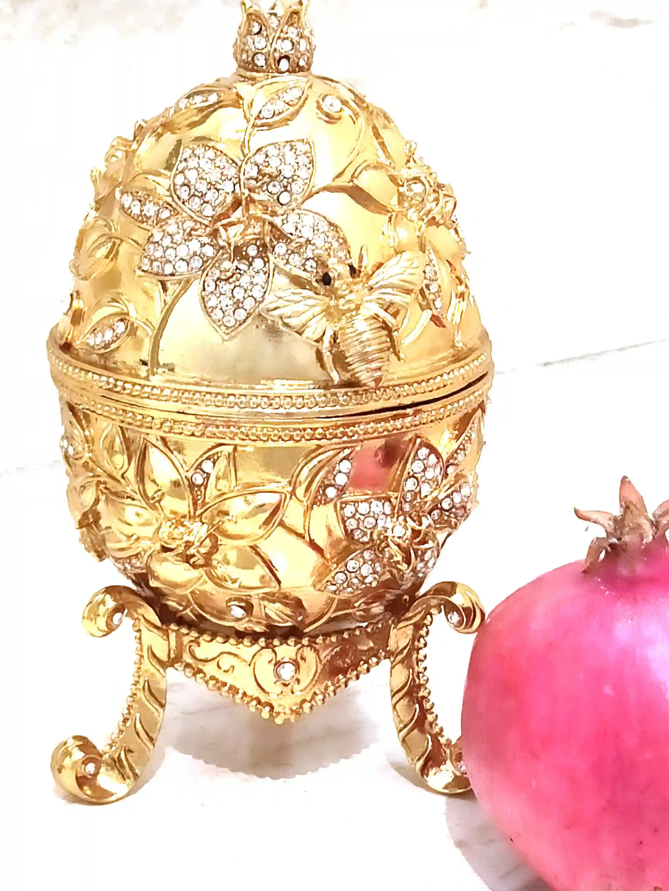 24k GOLD Faberge Collectors Egg Pomegranate Jewelry box Pomagranet GOOD Luck Gift 10ct Diamond HANDMADE Trinket Boxes House Warming Ornament 