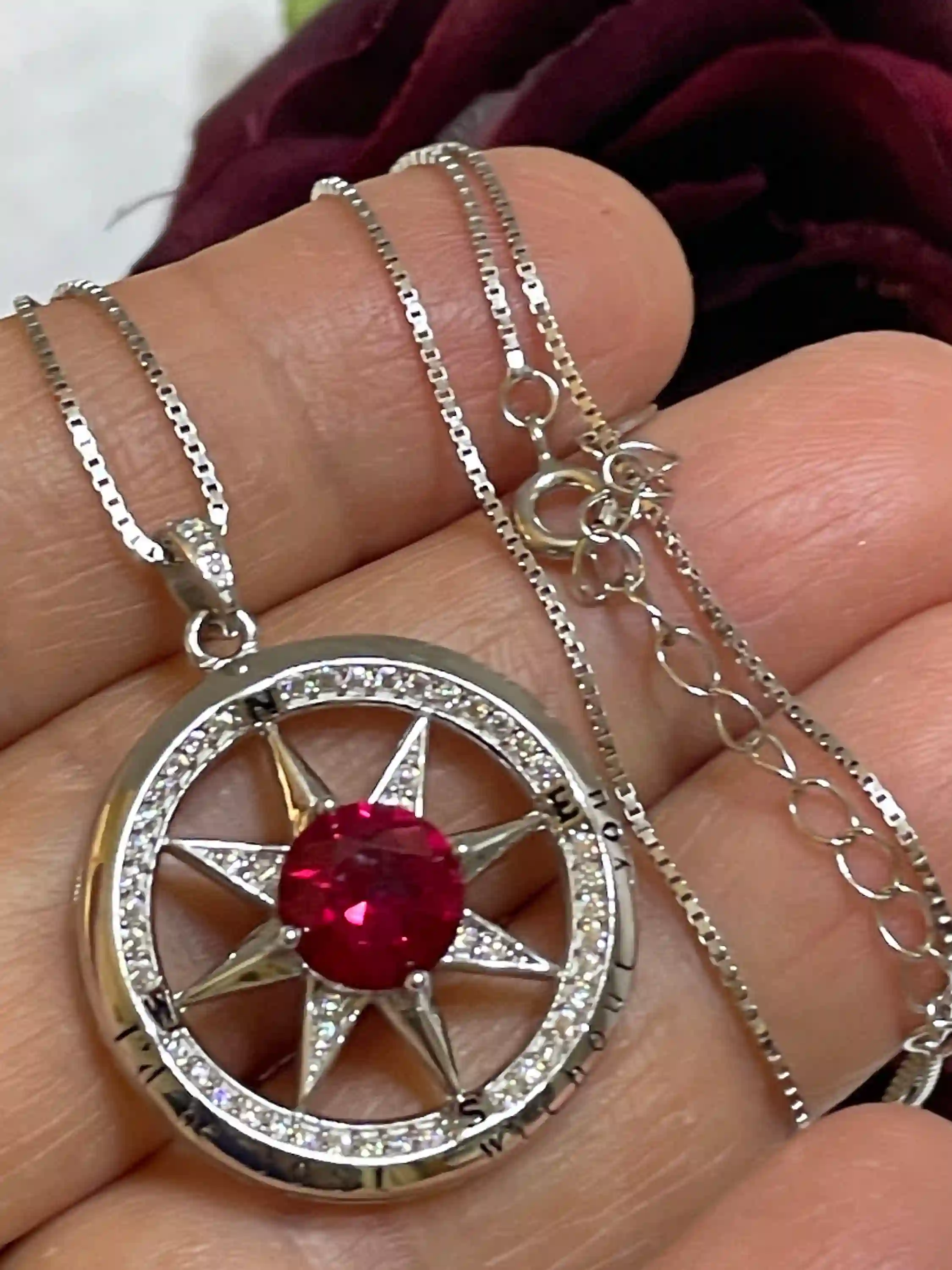 3.5 carat Diamond Pendant Compass Jewelry NATURAL RUBY 40th Wedding Anniversary Ruby Compass White Gold Compass Sterling Silver LOVE Compass 