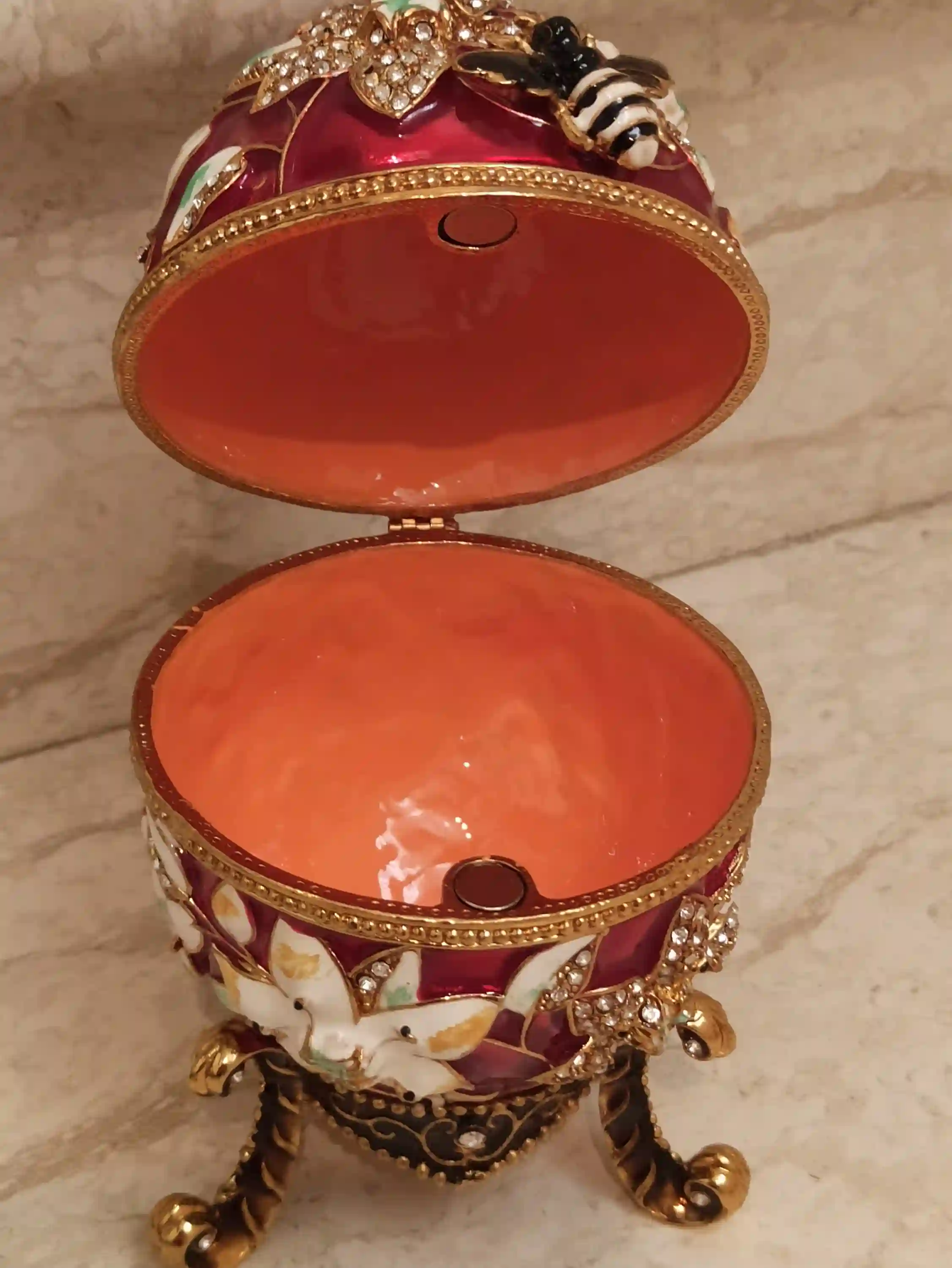 Red Large Easter Ornament Faberge Egg style LOVE Luck & Braclet Ruby Her Pomegranate HANDMADE Jewelry Box 24k GOLD 450 Swarovsk Diamond 10ct 