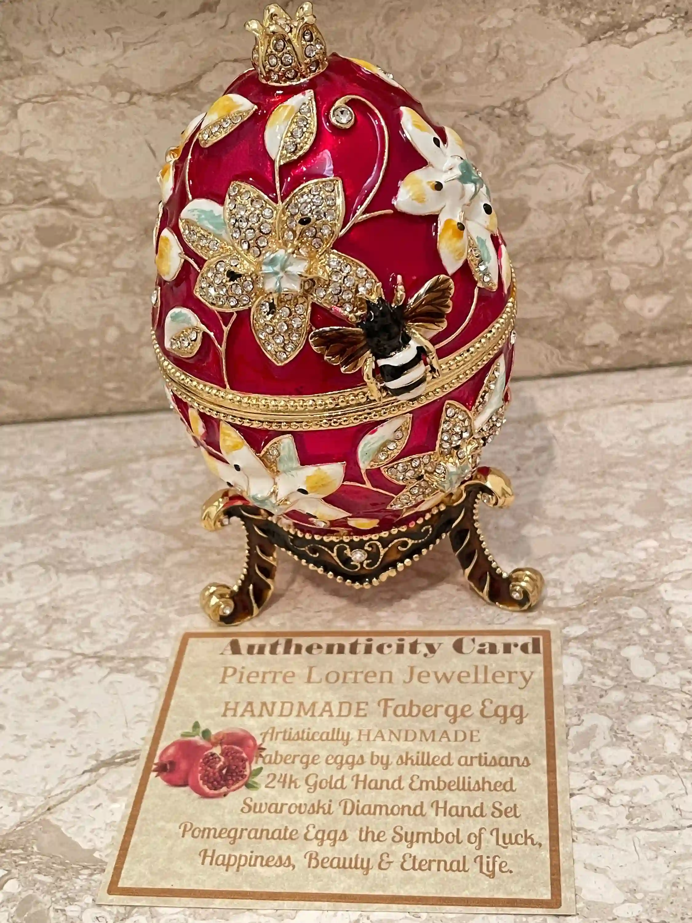 Red Faberge Egg style, Pomegranate Trinket, GOOD LUCK Gift, House Warming gift, Pomagranet Collectors Egg 400Crystal Handset - Handmade Box 