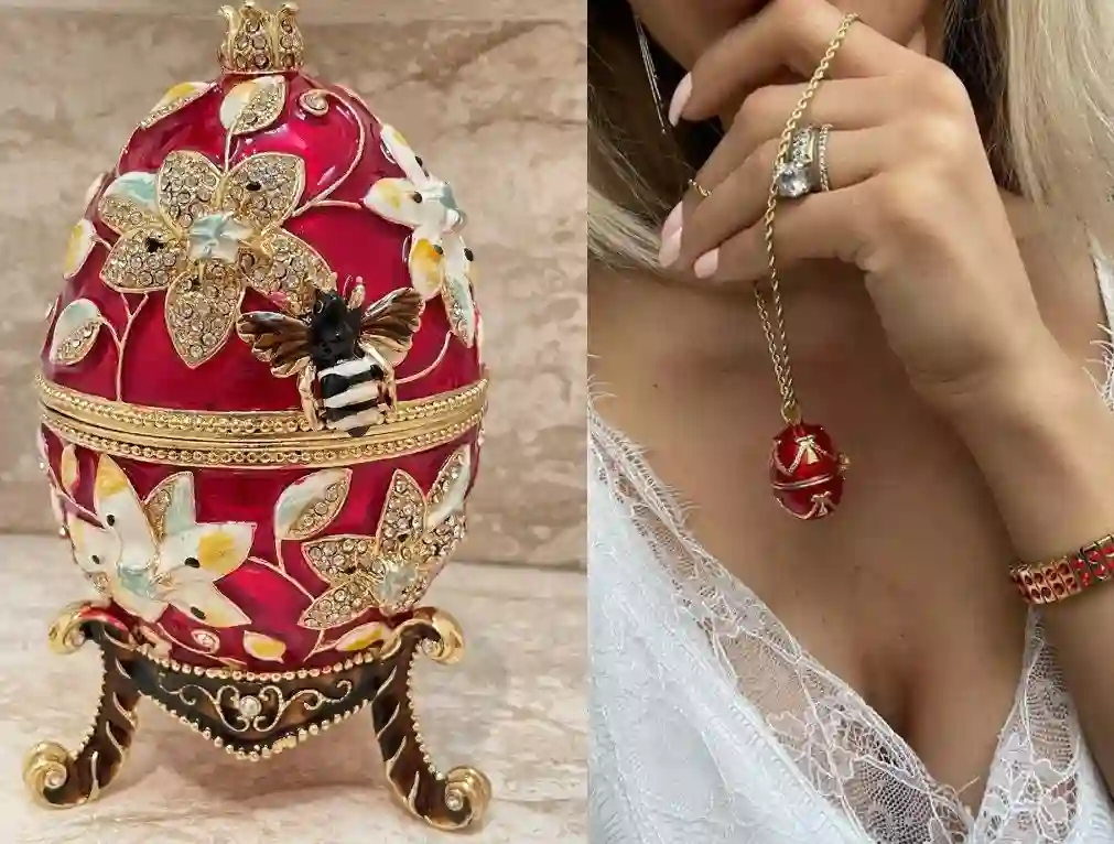 Faberge, PLUS, Faberge Egg PENDANT, Red Faberge Egg Christmas Gift, Faberge Style Egg, Valentines day Gift for her,Swarovski HANDSET-24KGOLD 