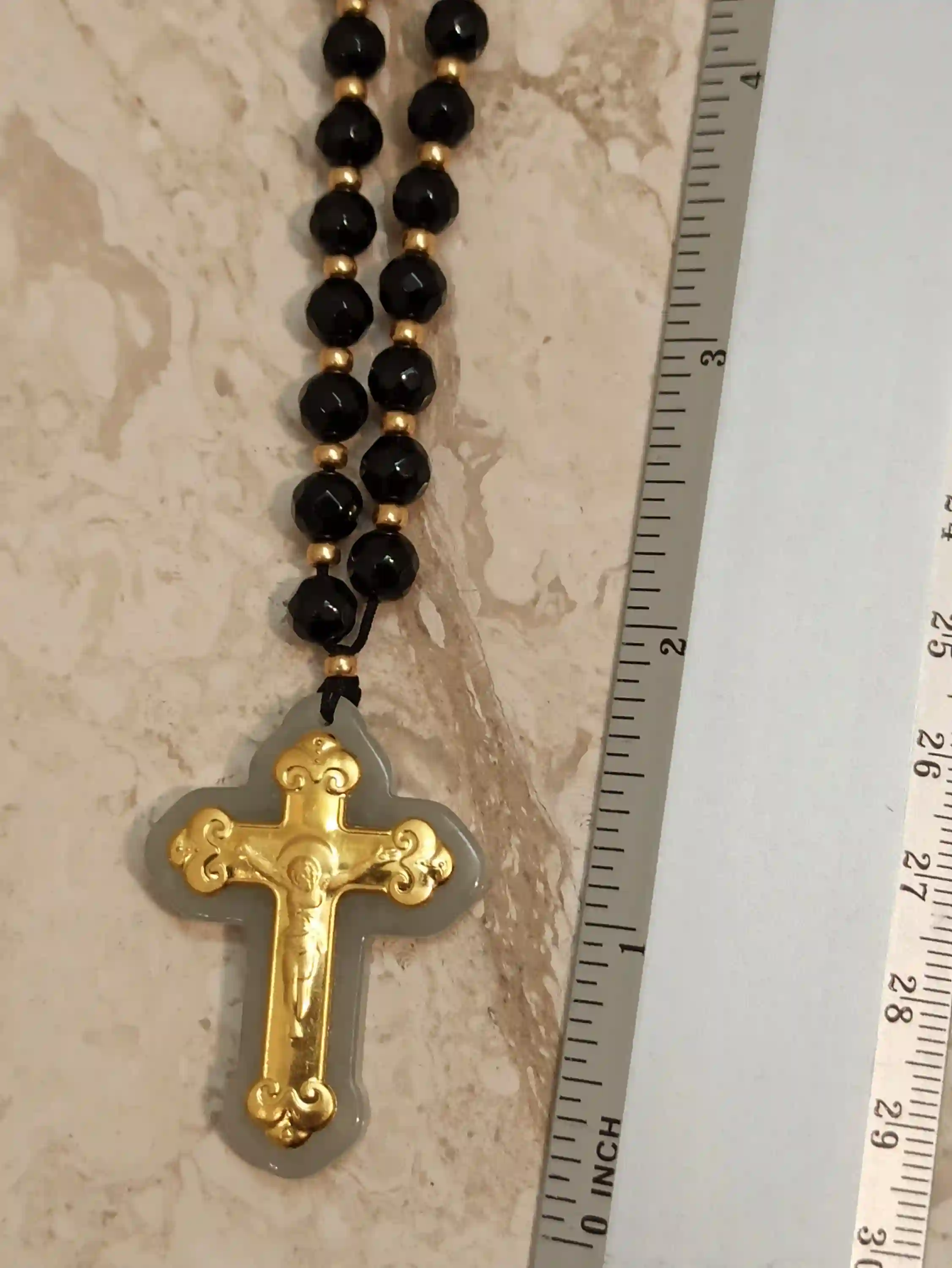Crucifix Rosary Gemstone Prayer Necklace ONE Of A Kind Cross SOLID 18K Gold 56 NATURAL Onyx Gem 6mm Christian Mother Mom Religious Jewelry 
