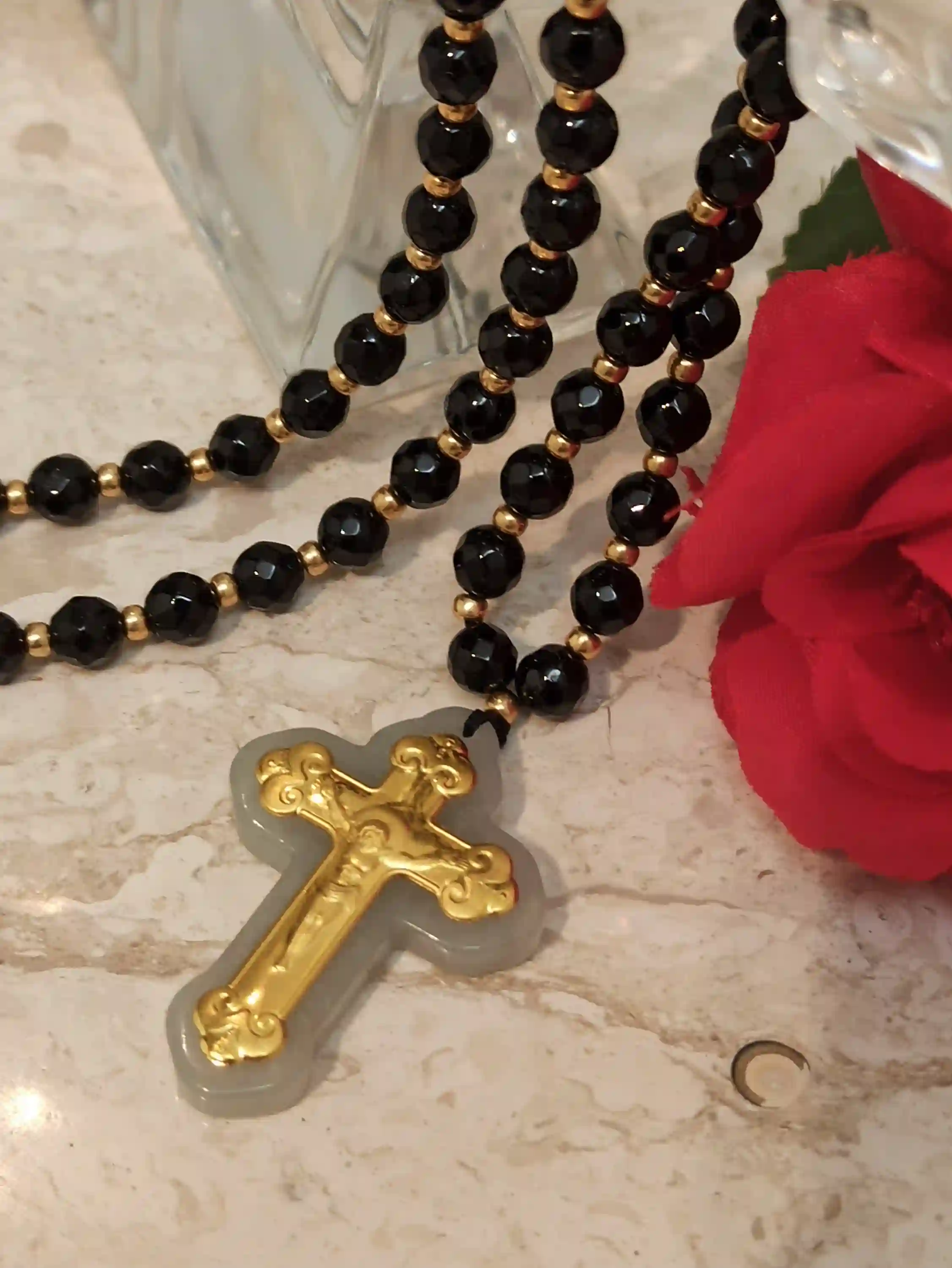 Crucifix Rosary Gemstone Prayer Necklace ONE Of A Kind Cross SOLID 18K Gold 56 NATURAL Onyx Gem 6mm Christian Mother Mom Religious Jewelry 