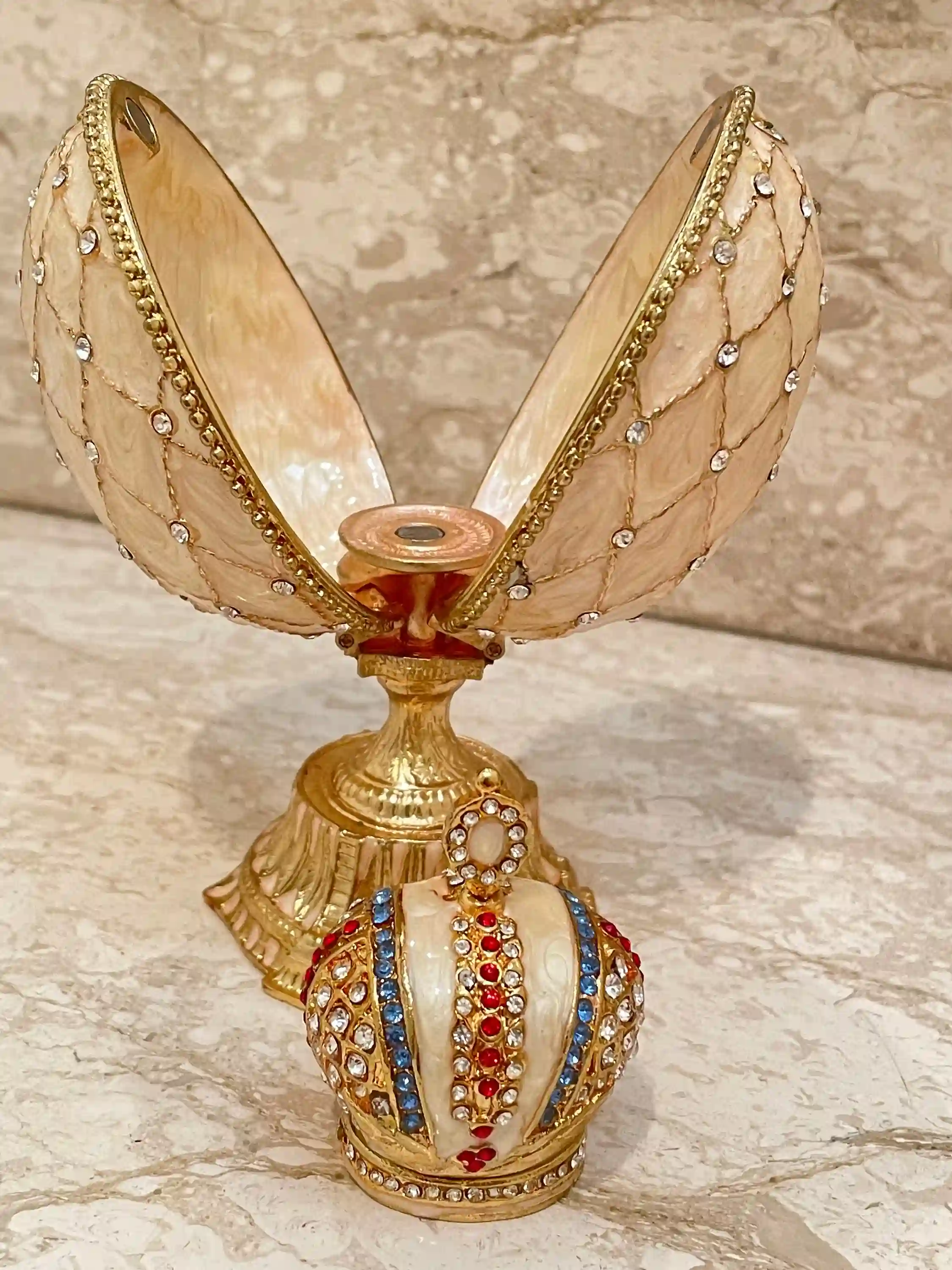 Faberge-Style Egg Decorative Boxes 333 Austrian Crystal Handset Jewelry Box Faberge Egg Imperial Crown Hideaway Trinket PLUS Faberge Necklace 24k 