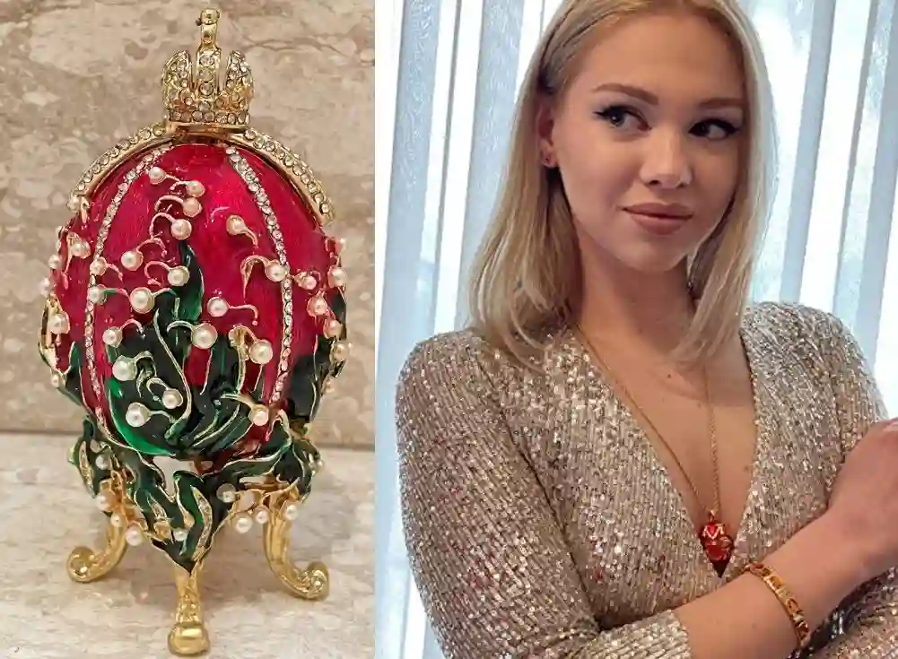 Handmade Red Faberge's Magnificent Lilies of the Valley Easter Egg Unique Photo frame Ornament Faberge Style Egg Austrian Crystal HANDSET 