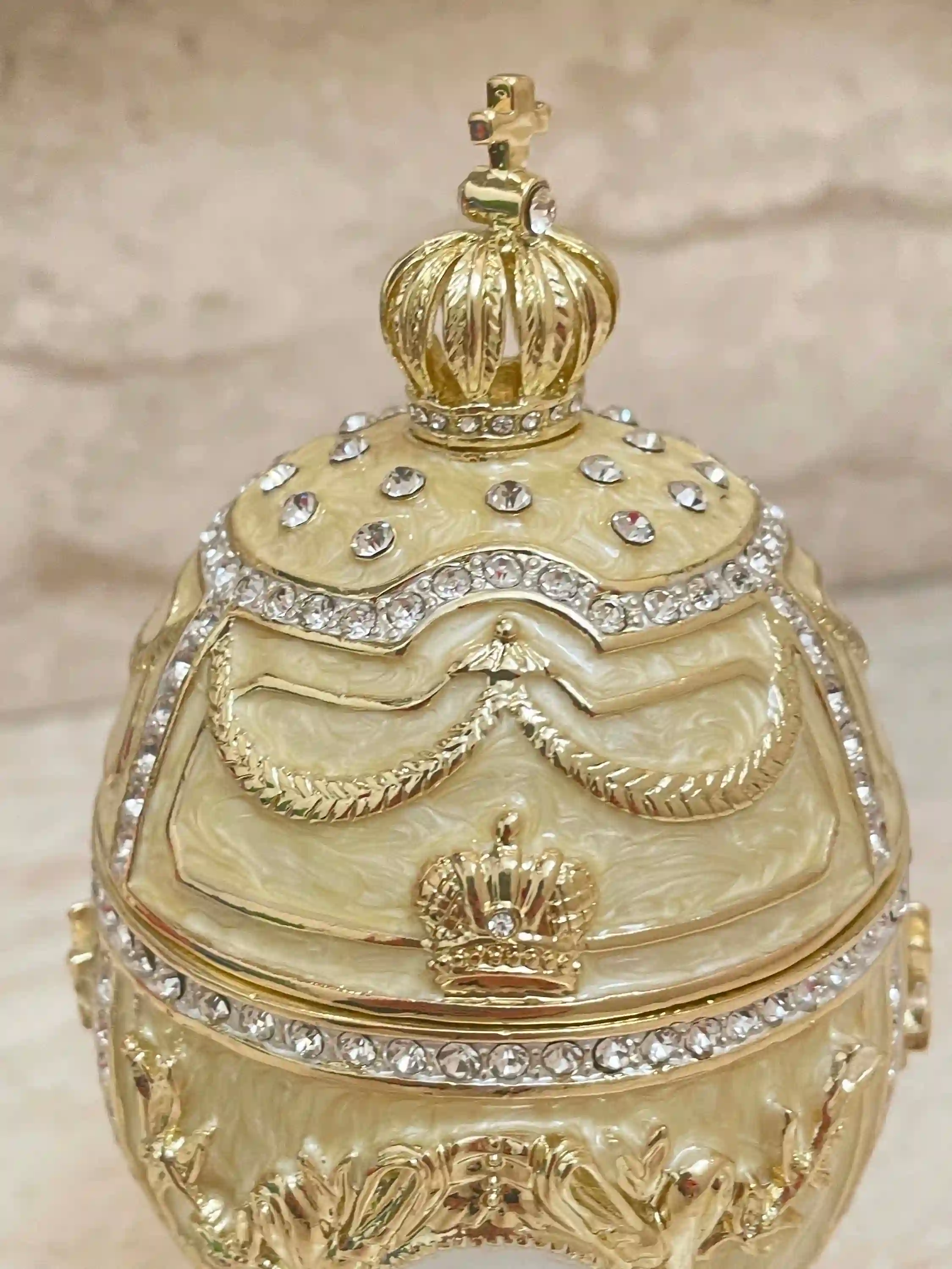 Designer 5* Faberge-Style egg Beige Jewelry Box Faberge Egg Bride Trinket Wedding gift for couple Unique Faberge egg Austrian Crystal HANDSET 5ct 