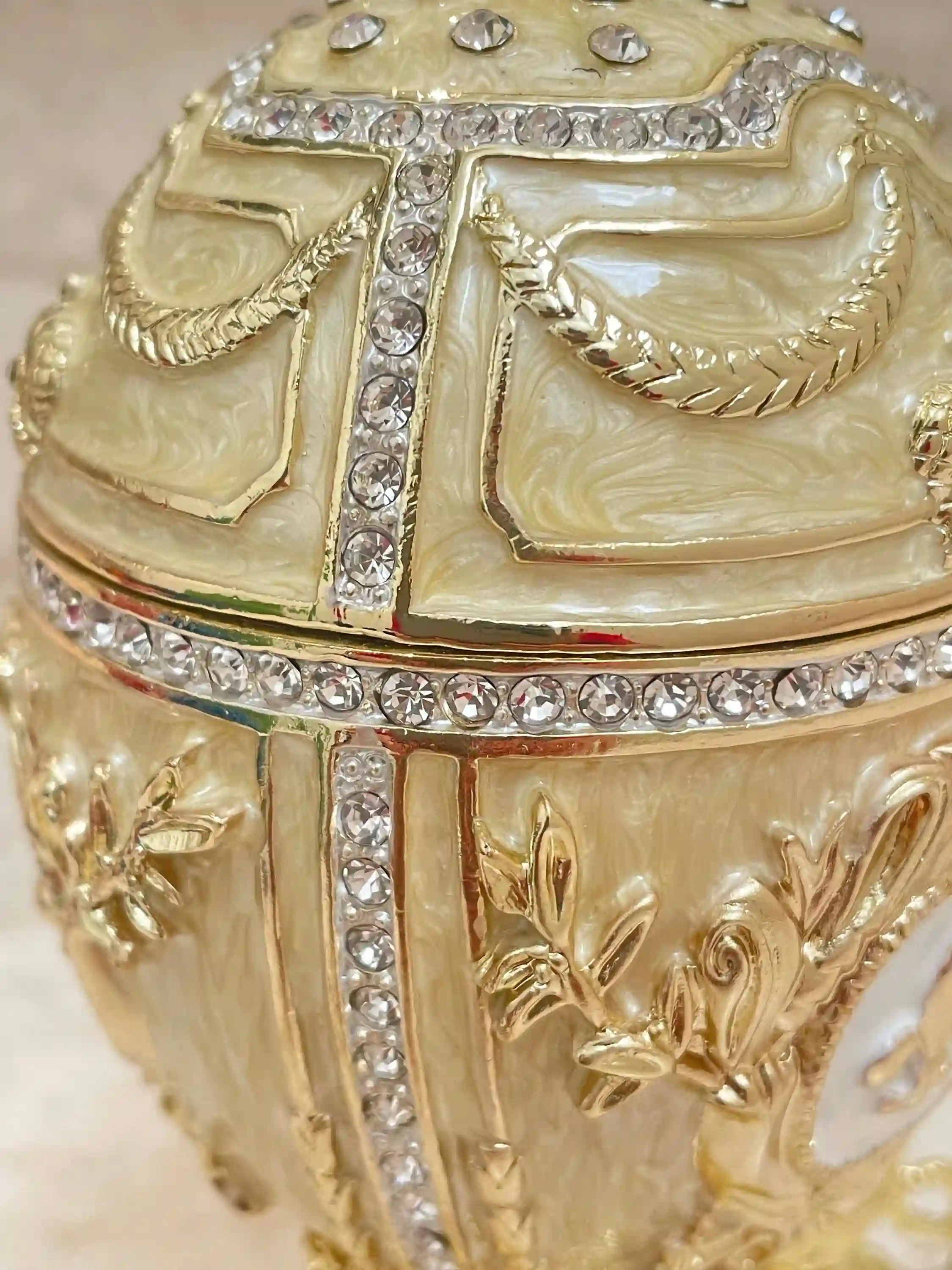 Designer 5* Faberge-Style egg Beige Jewelry Box Faberge Egg Bride Trinket Wedding gift for couple Unique Faberge egg Austrian Crystal HANDSET 5ct 