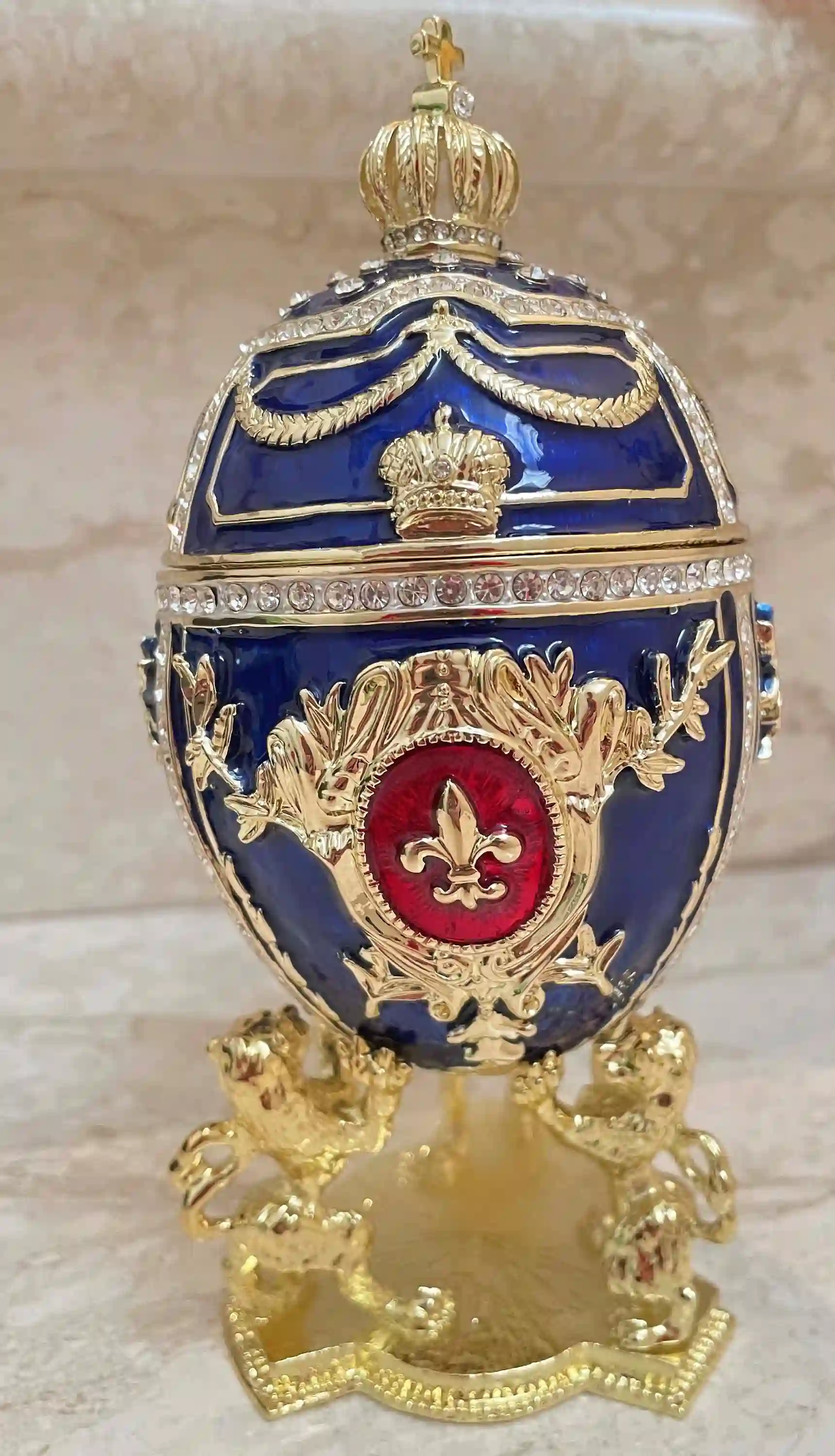 DESIGNER Blue Faberge egg Ornament, Faberge Egg Trinket Box, 24k GOLD Swarovski Diamond HANDSET, Faberge egg Style Graduation gift for Son 