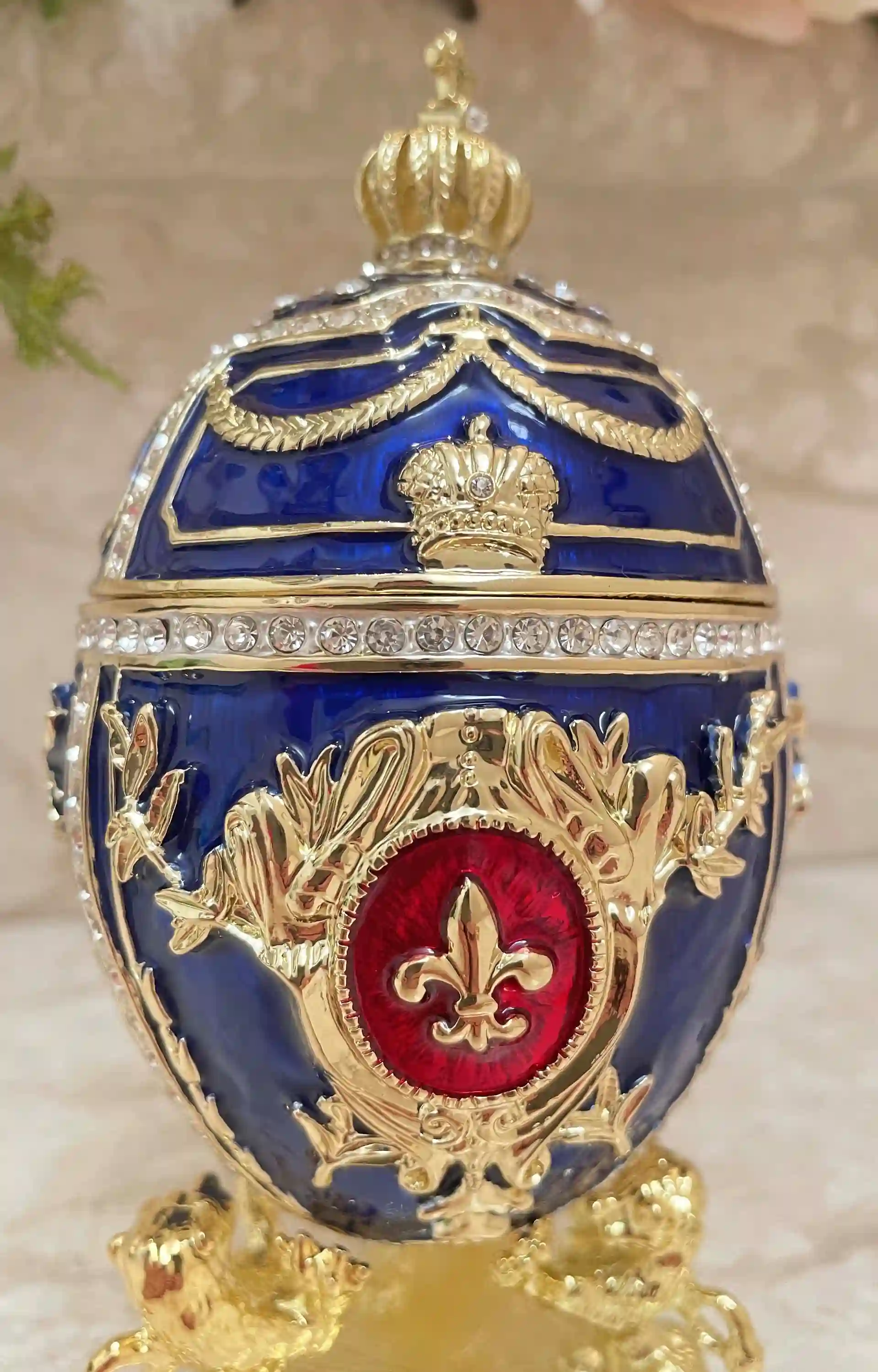 DESIGNER Blue Faberge egg Ornament, Faberge Egg Trinket Box, 24k GOLD Swarovski Diamond HANDSET, Faberge egg Style Graduation gift for Son 