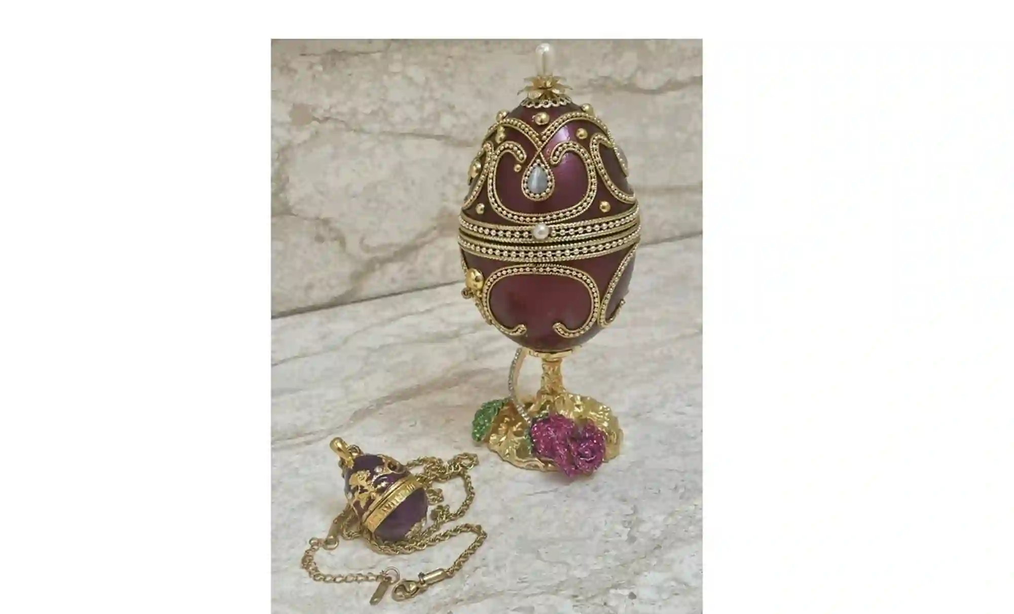 Valentines day Rose ONE OfA KIND Amethyst Rose Faberge Egg Musical + Faberge Egg Diamond Necklace Gold Jewelry Gift for her Birthday Wedding 