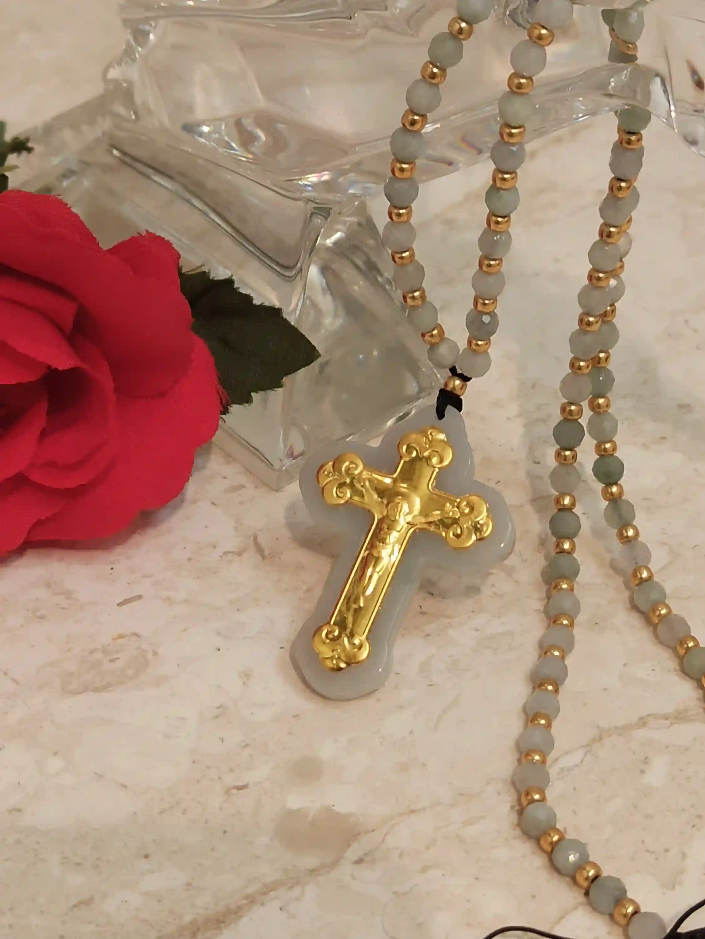 Necklace Christian Rosary Prayer SOLID 18k GOLD Cross Necklace Crucifix Christ Gift Gold Christian Jewelry Her 70 Natural Jade GEMSTONE 4mm 