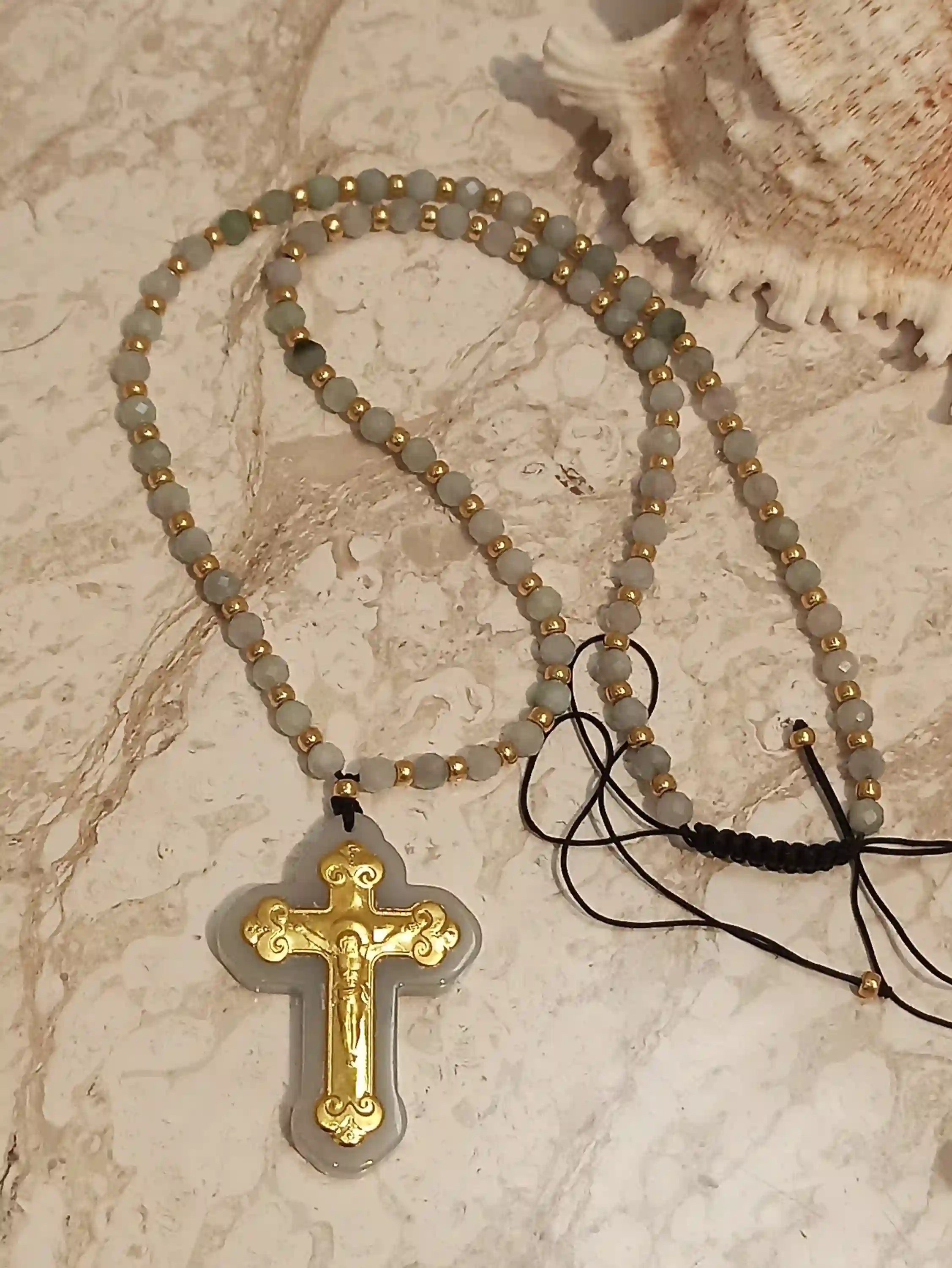 Necklace Christian Rosary Prayer SOLID 18k GOLD Cross Necklace Crucifix Christ Gift Gold Christian Jewelry Her 70 Natural Jade GEMSTONE 4mm 