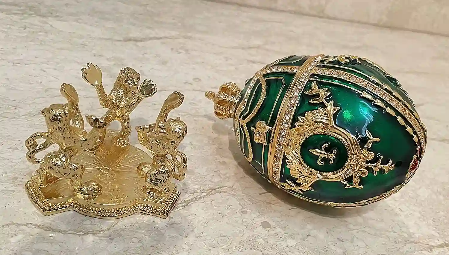 Emerald Necklace Gold, Faberge Egg Style PLUS 24k Faberge Pendant, Faberge Jewelry box, Green Gifts for her, 200 Austrian Crystals Handset 