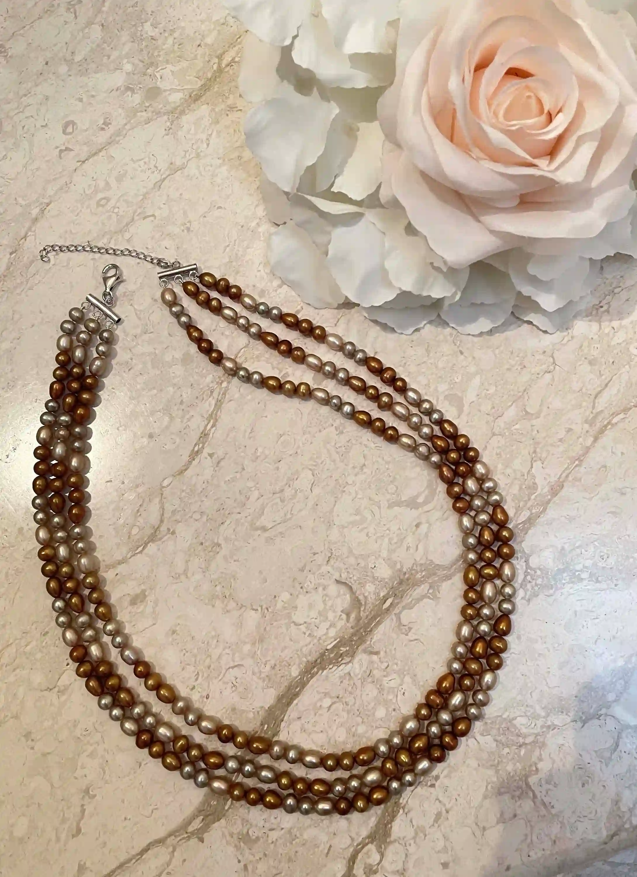 Akoya Pearl Necklace - Natural Pearl Jewelry - 3 strand Pearl Necklace - Solid Silver clasp 48cm -54 cm SILK Hand Knotted Pearl Jewelry wife 