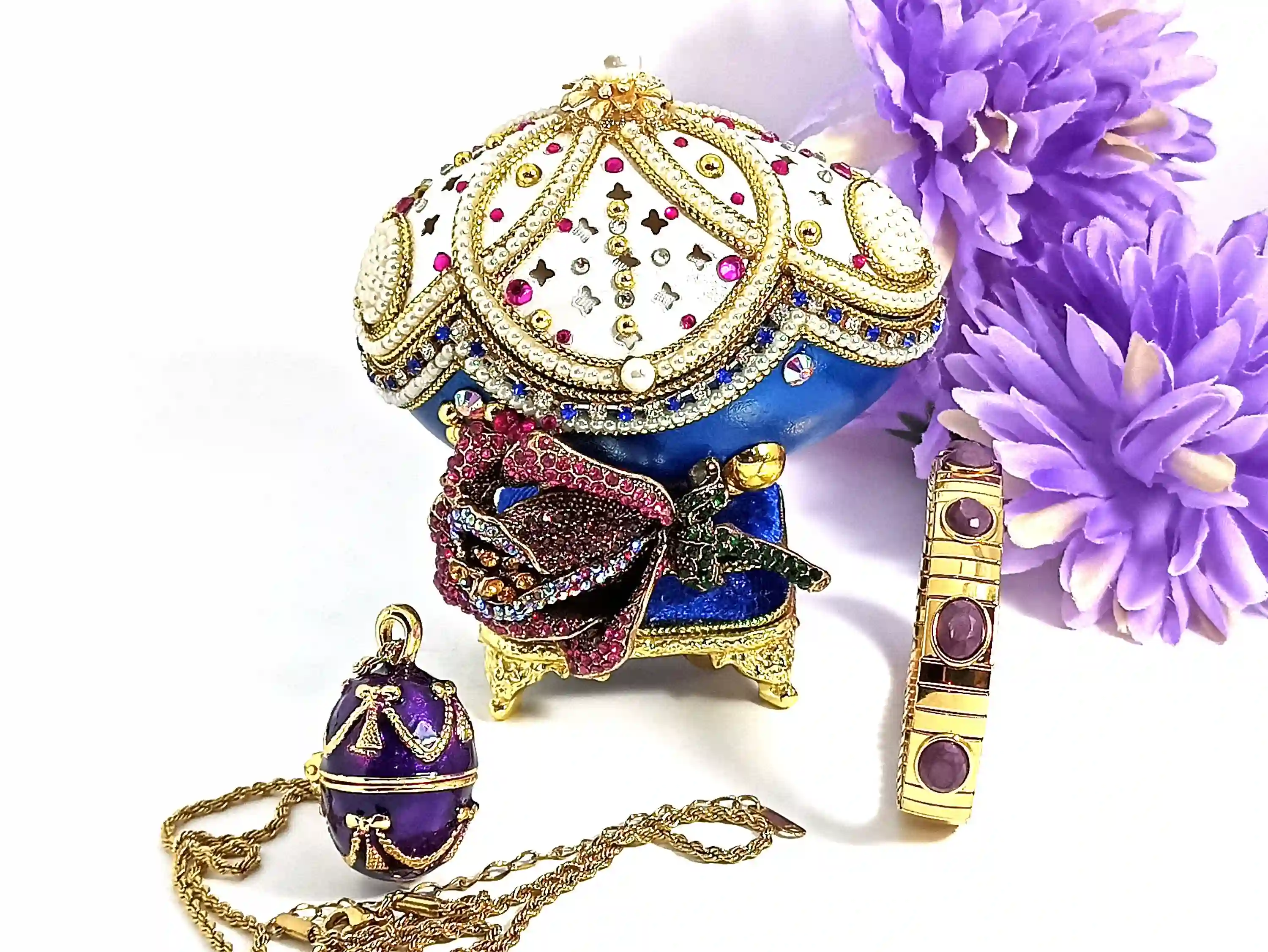 Amethyst, Faberge Music Box- REAL Egg Luxury Valentine MASTERPIECE Faberge Egg style Imperial Art Nouveau Jewelry Box , Faberge egg, 24kGold 