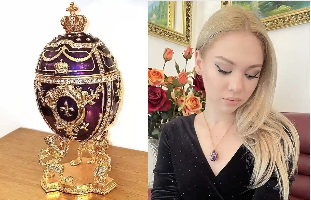 Stunning June birthday gifts for her, Amethyst Faberge egg Jewelry box, PLUS, Faberge Egg Necklace, Faberge Egg Pendant, June gifts,24k GOLD 