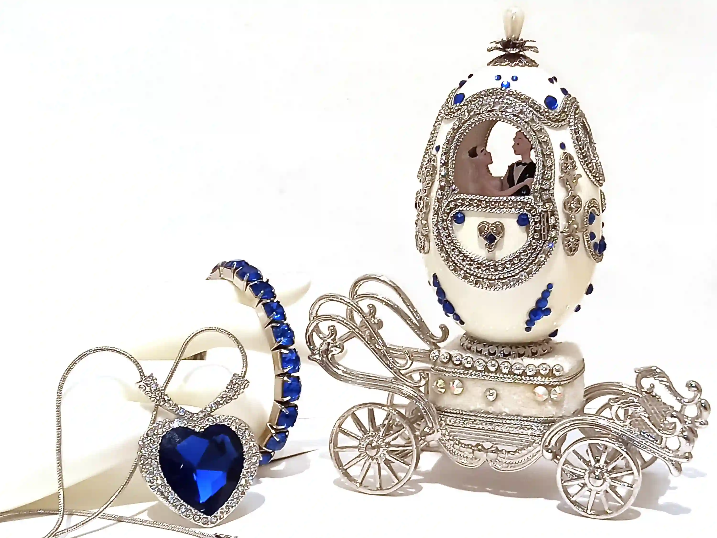 Designer Gifts, ONEOFAKIND, Faberge egg, Large SILVER Heart Ocean Necklace & Tennis Bracelet Faberge egg Music SAPPHIRE Wedding Anniversary 