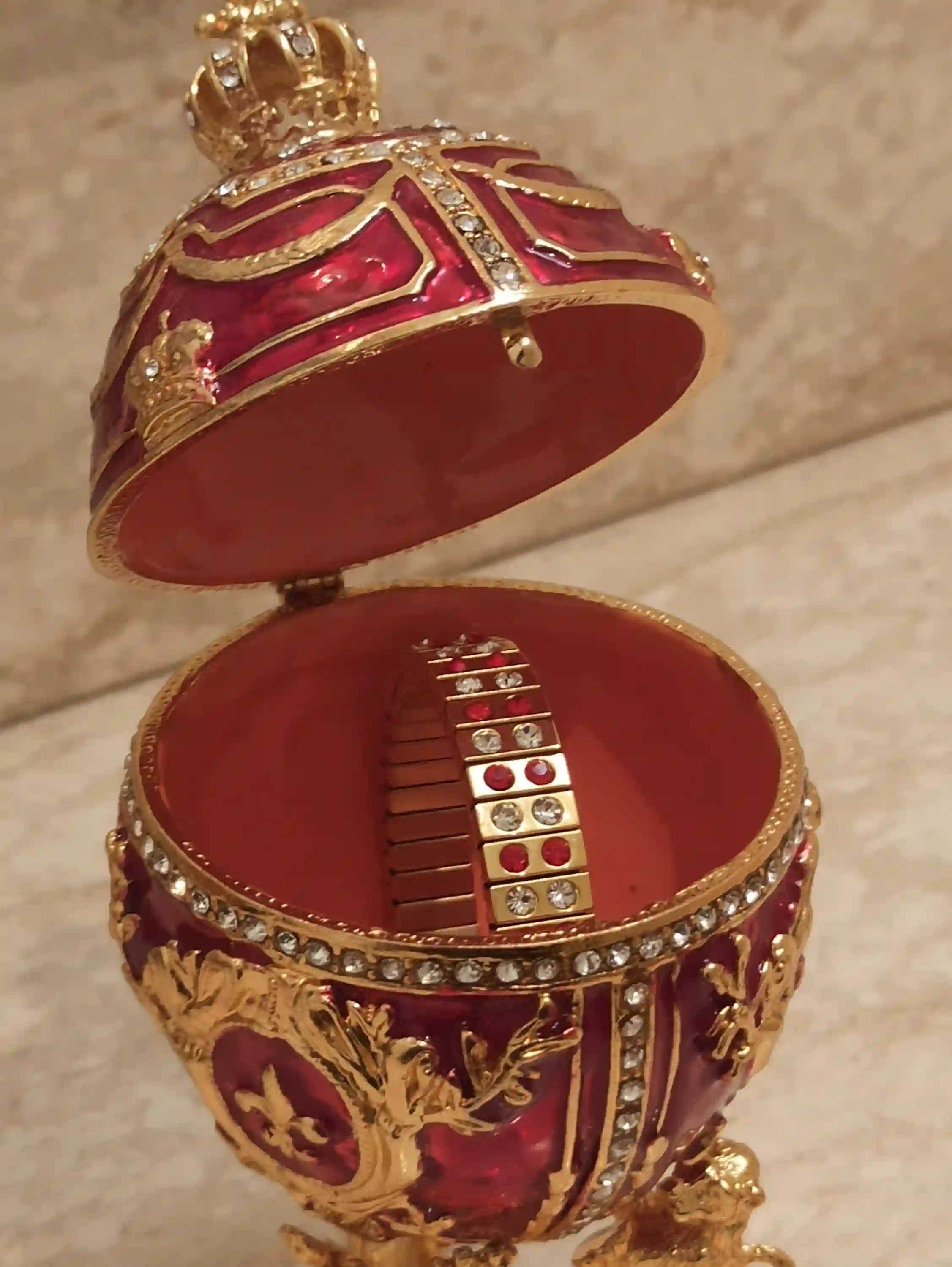 Faberge egg Trinket box Fabrege style 24K GOLD IMPERIAL Lions 200 Austrian Crystals HANDSET Diamonds 2ct Bracelet Faberge Egg Jewelry box 