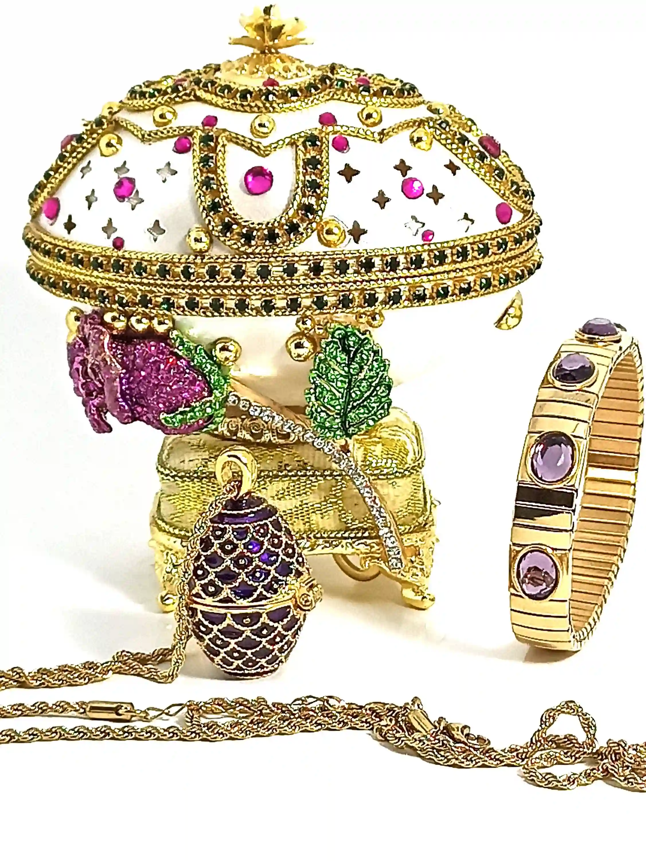 One Of a Kind Faberge Egg style HANDCARVD Collectible Faberge Egg Musical Silk Interior Jewelry box Amethyst Rose Valentines Day Christmas 
