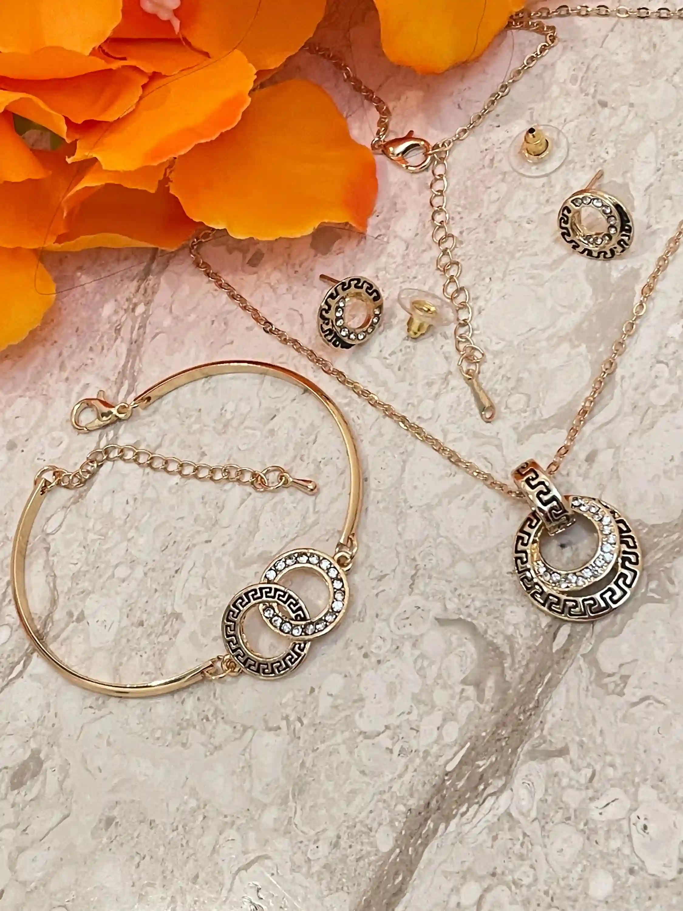 Greek Gold Jewelry SET, Greek Key Necklace, Meander Pendant, Greek Key Bracelet & Meander Earrings, Yellow Gold Jewelry, 86 CZ HANDSET 