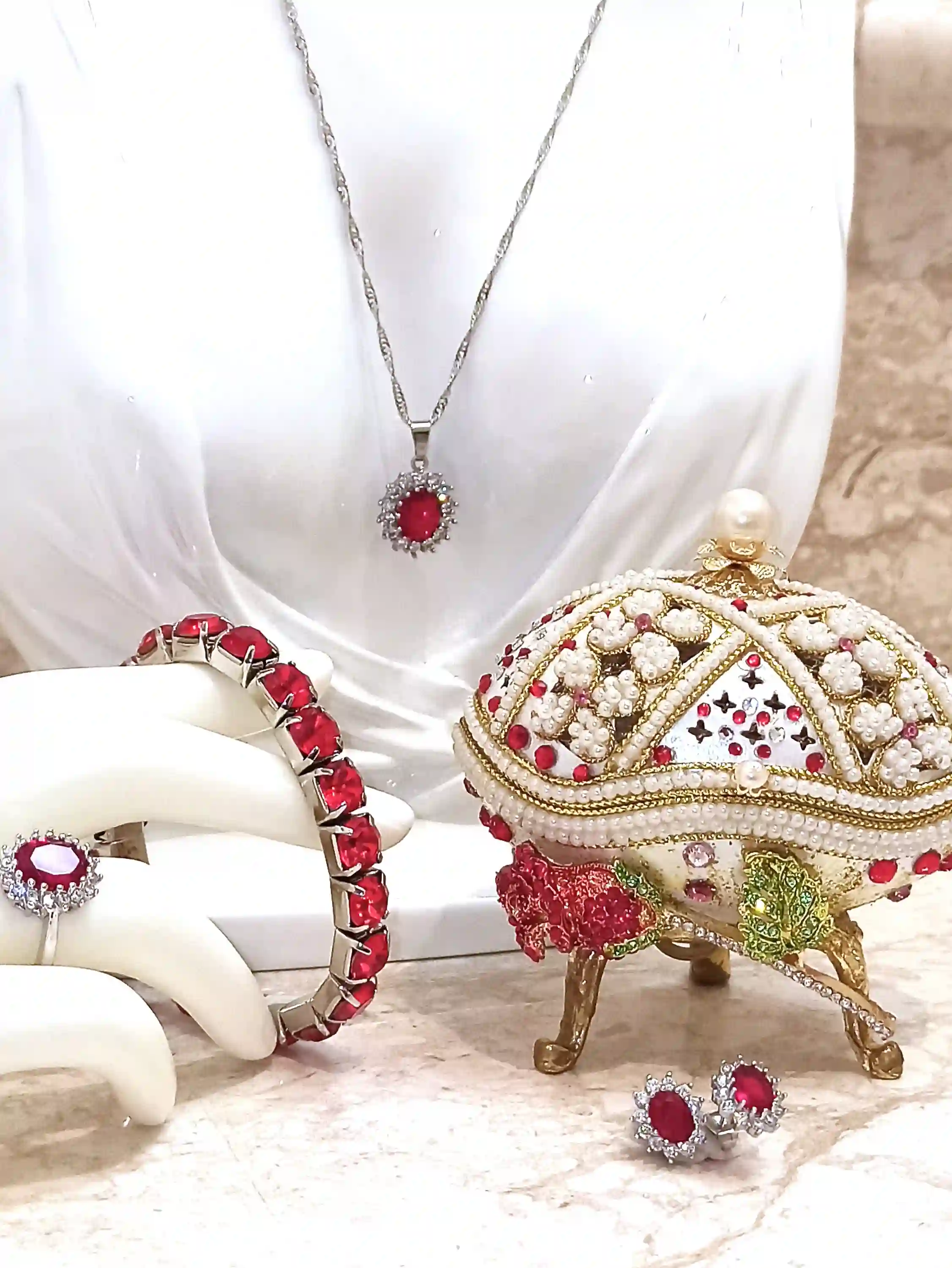 Faberge egg Christmas RUBY SET 24k Gold Faberge HANDCARVED Real Egg Musical Jewelry Box Vintage Gift, Ruby Necklace Earrings Ring Bracelet 