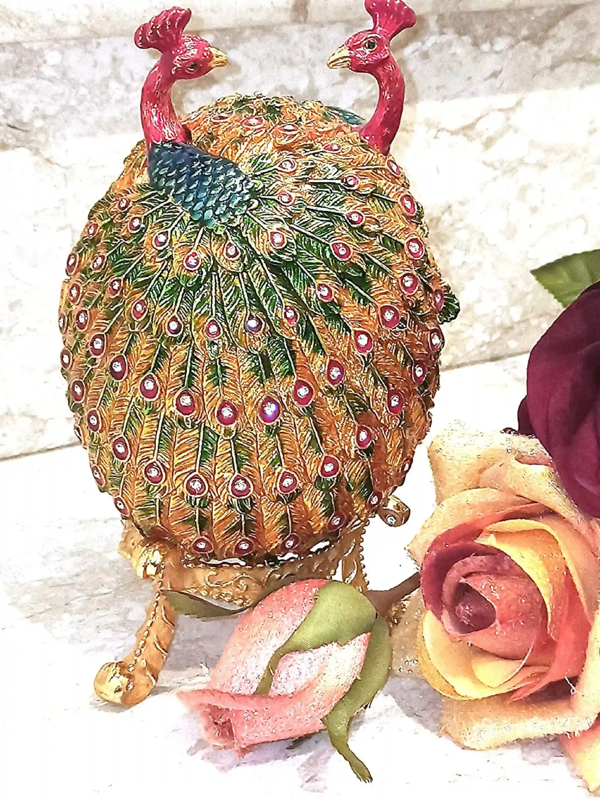 Lovers Faberge-Style Egg 24kt GOLD ANNIVERSARY Peacocks Rainbow Fabrege Egg Style With Bracelet 160 HANDSET Austrian Crystal Faberge Trinket egg 