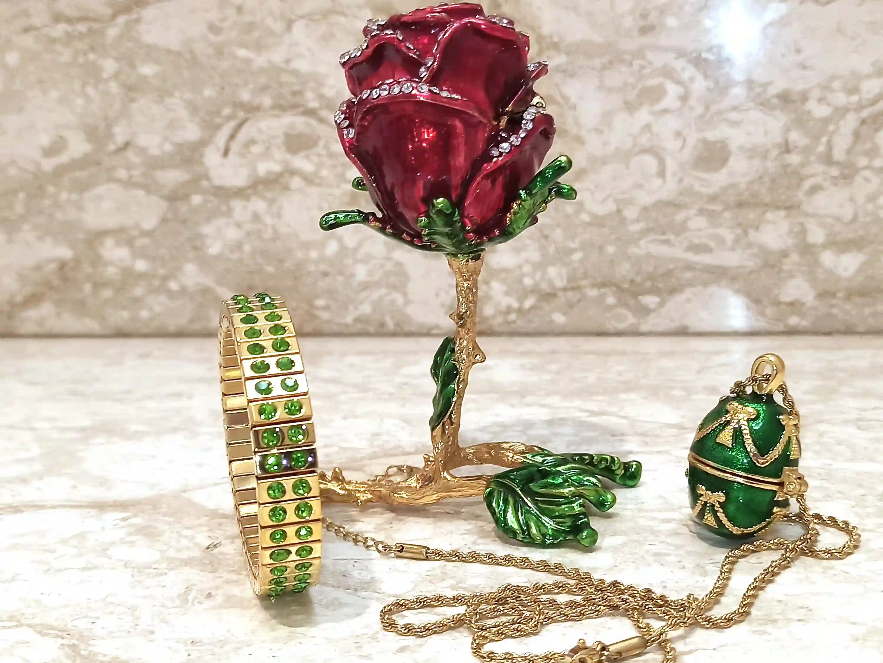 Rose Trinket Box, Faberge egg Necklace, Peridot Bracelet Gold, Faberge Jewelry box, Austrian crystal Diamond HAND SET 24K Christmas Gift mom 
