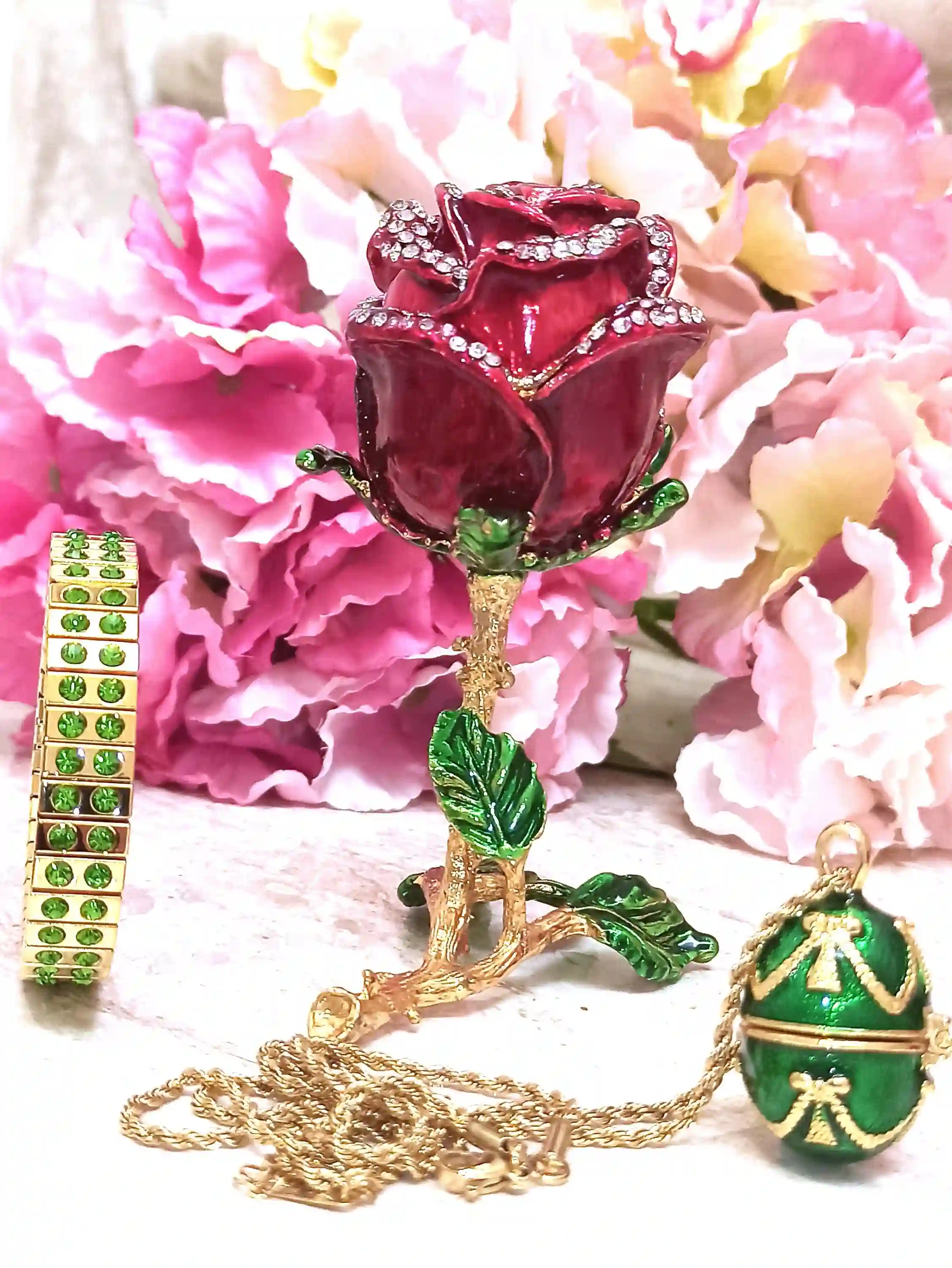 Rose Trinket Box, Faberge-Style egg Necklace, Peridot Bracelet Gold, Faberge Jewelry box, Austrian crystal Diamond HAND SET 24K Christmas Gift mom 