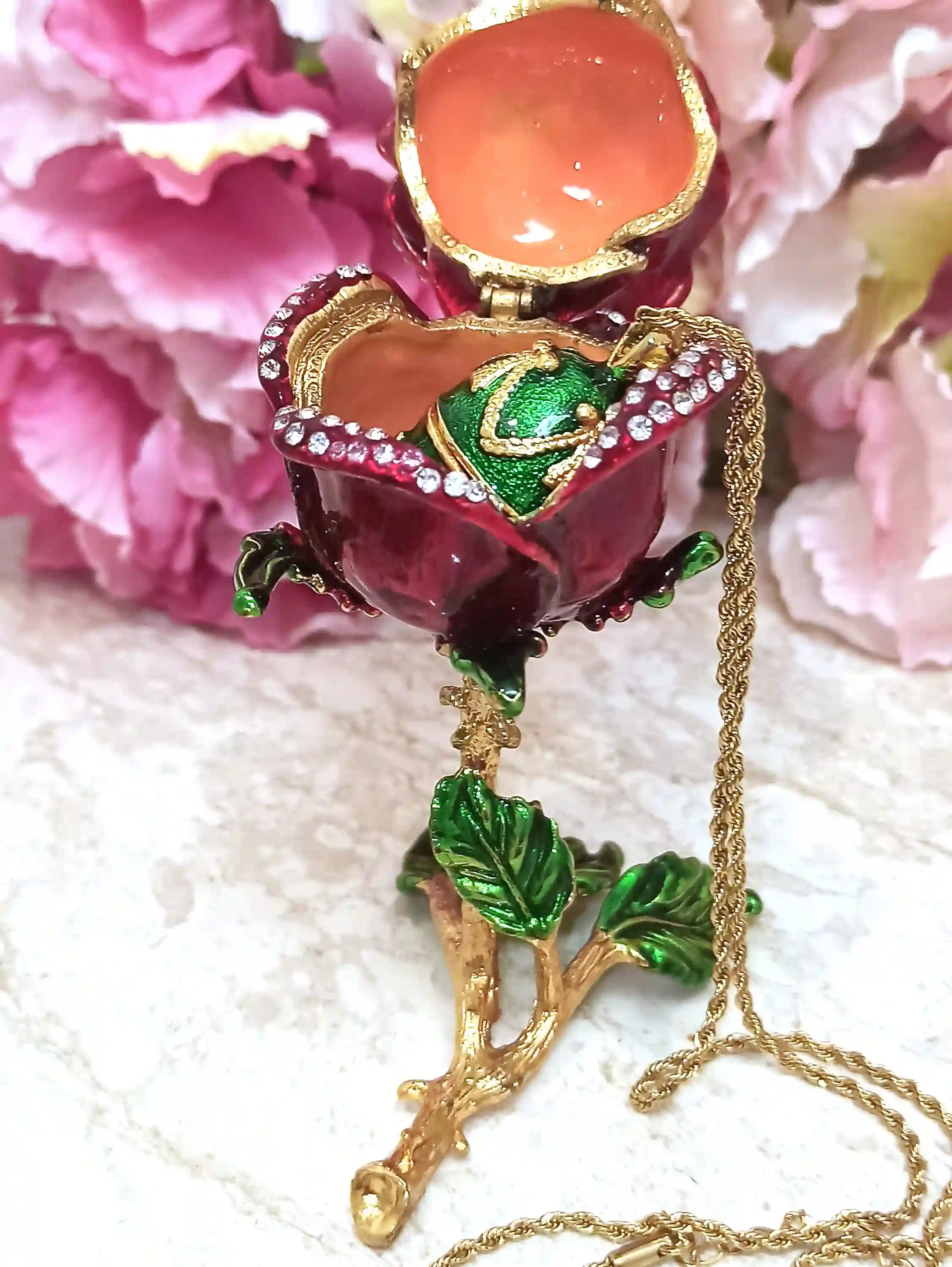 Rose Trinket Box, Faberge-Style egg Necklace, Peridot Bracelet Gold, Faberge Jewelry box, Austrian crystal Diamond HAND SET 24K Christmas Gift mom 