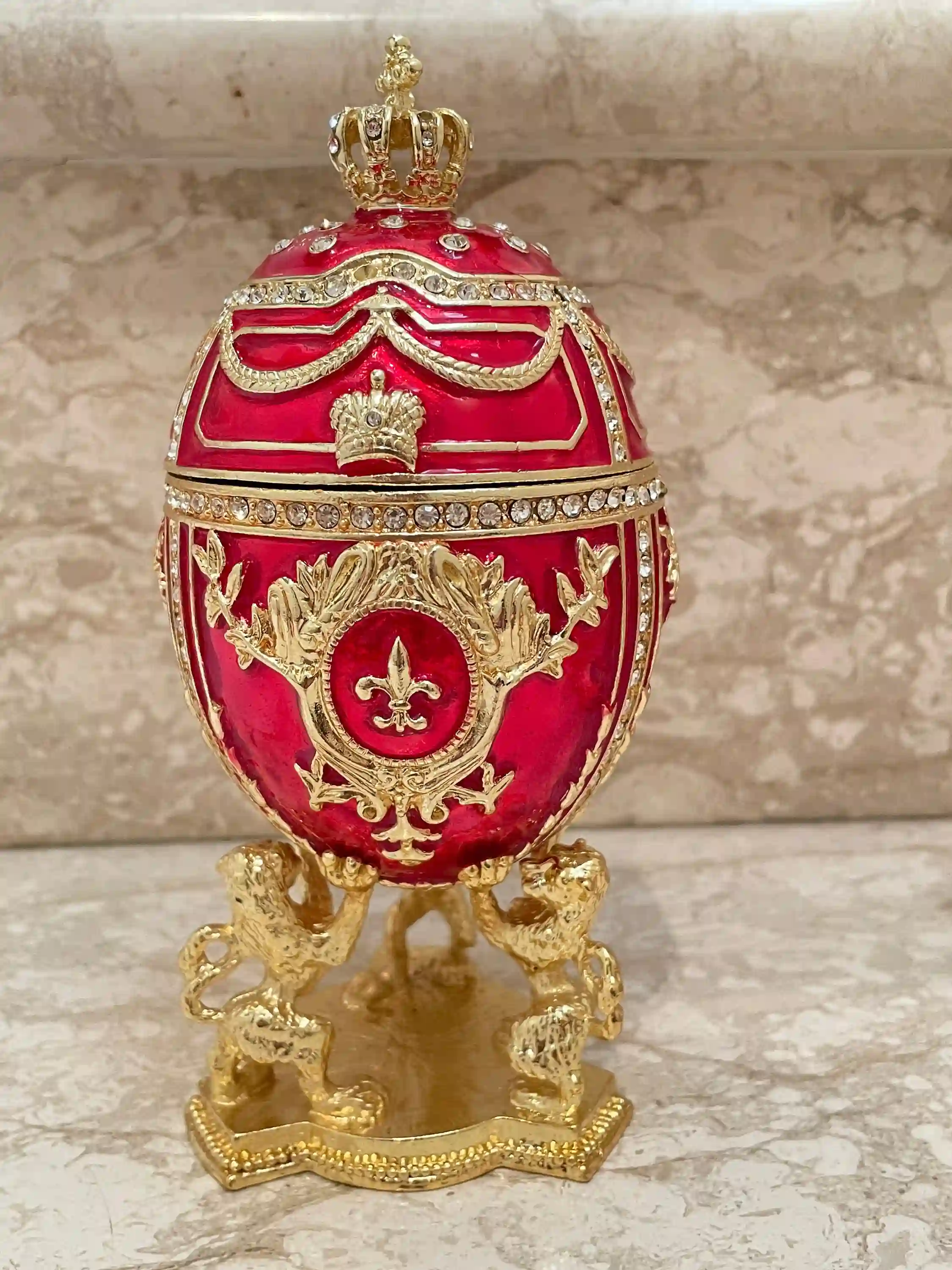 Ruby Red Faberge Egg Mom birthday Gift Faberge Trinket box 24kGold 200 AustrianCrystal HANDSET Faberge Love gifts for wife HANDMADE Ornament 