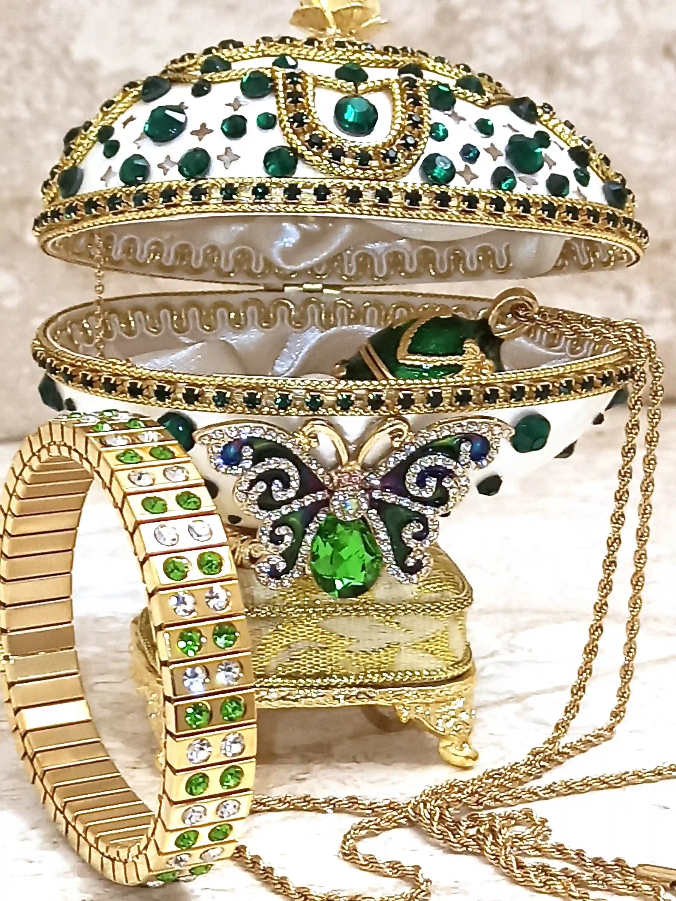 One Of a Kind Faberge Egg Jewelry Box SET Musical Emerald Butterfly Trinket Box Home Decor Fabrege Egg NATURAL Hand Crafted Egg 24kGOLD deco 