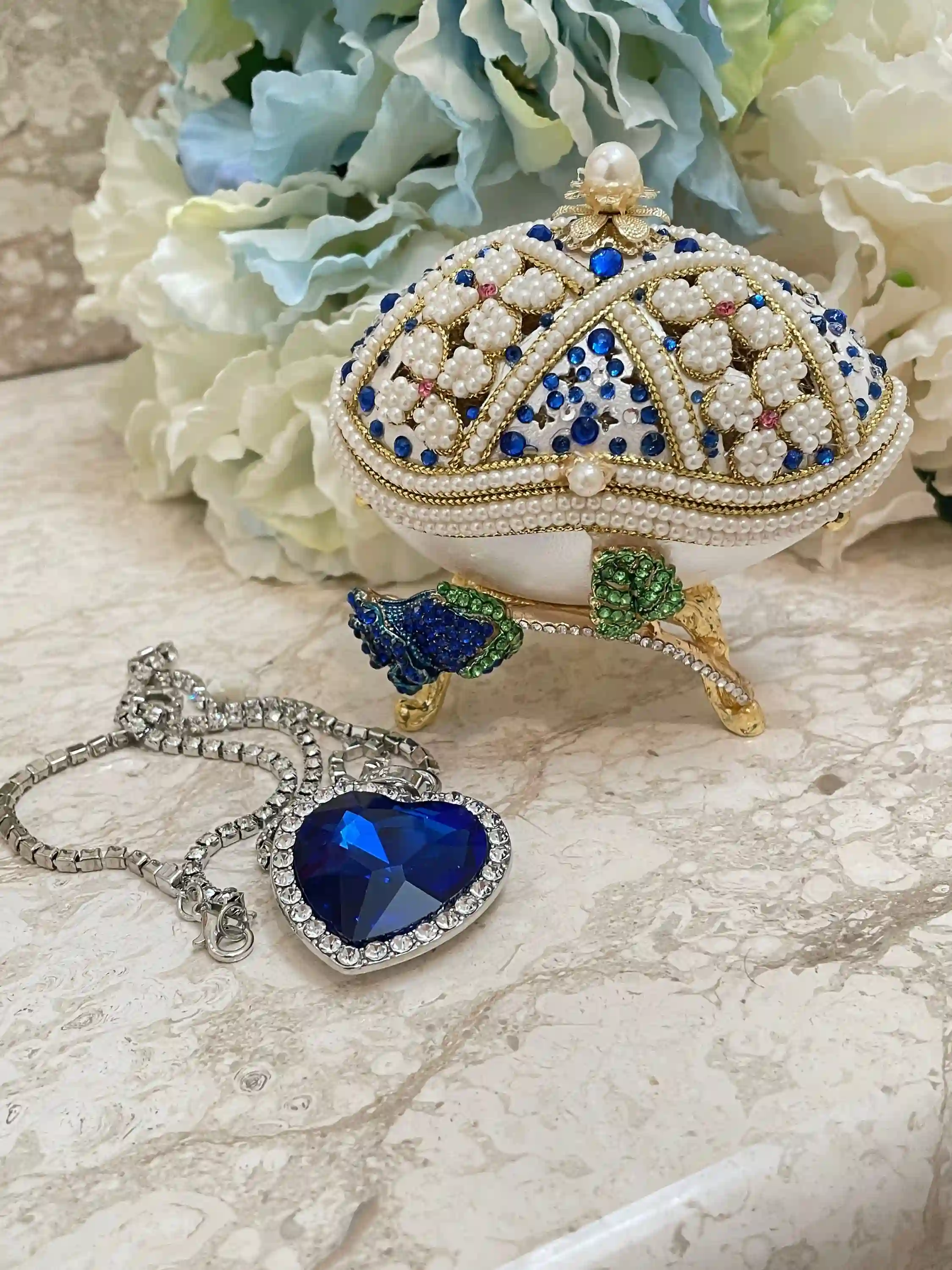 One Only Blue Rose Faberge Egg style Jewelry Box SET HANDCARVED Natural Egg Austrian Crystal Sapphire Faberge Egg MUSIC Box Handmade 1990 