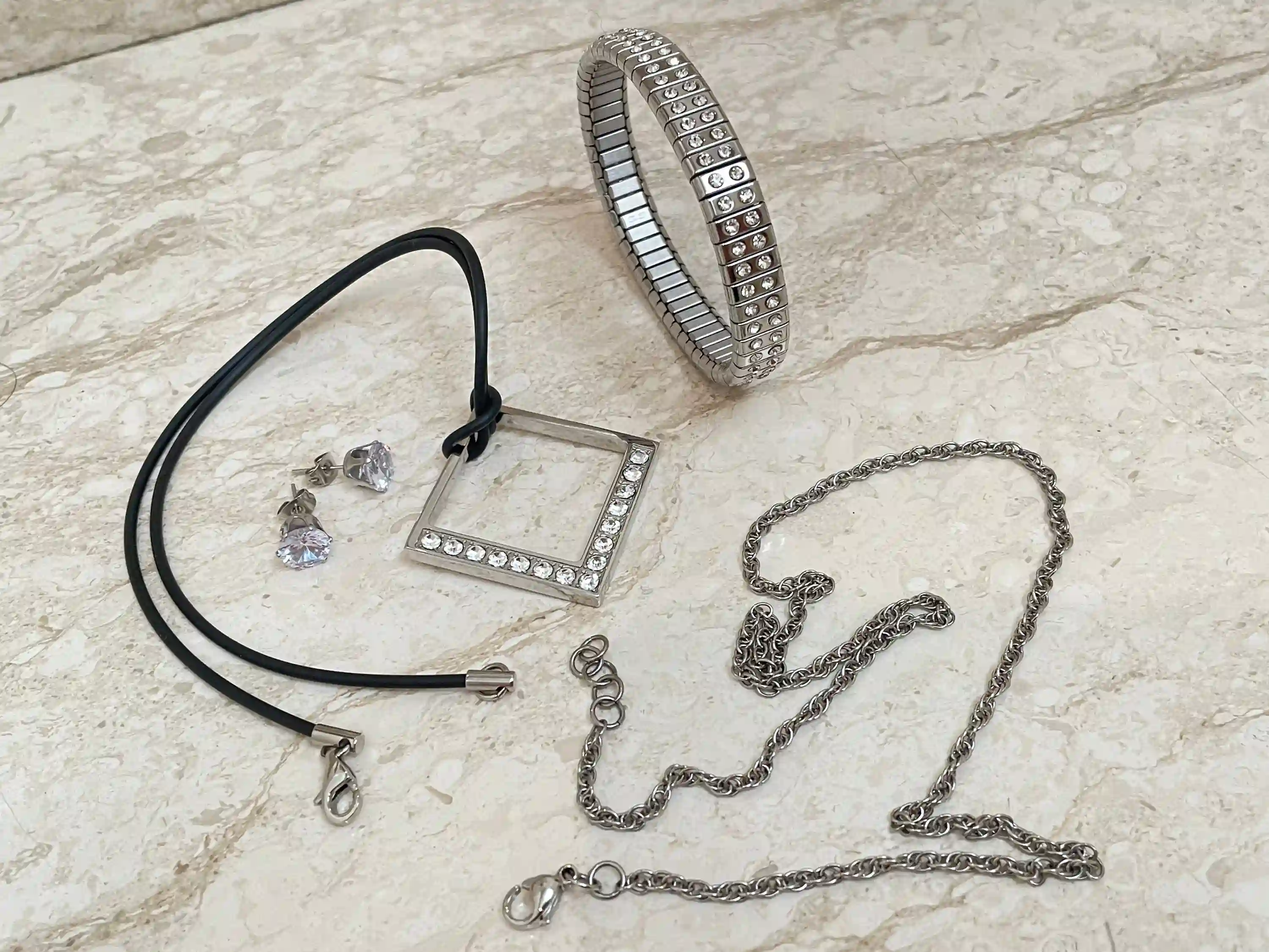 Diamond Necklace Square Shaped Jewelry SET Silver Pendant + Silver Diamond Bracelet + Hypoallergenic Earrings Swarovski Diamond HANDMADE SET 