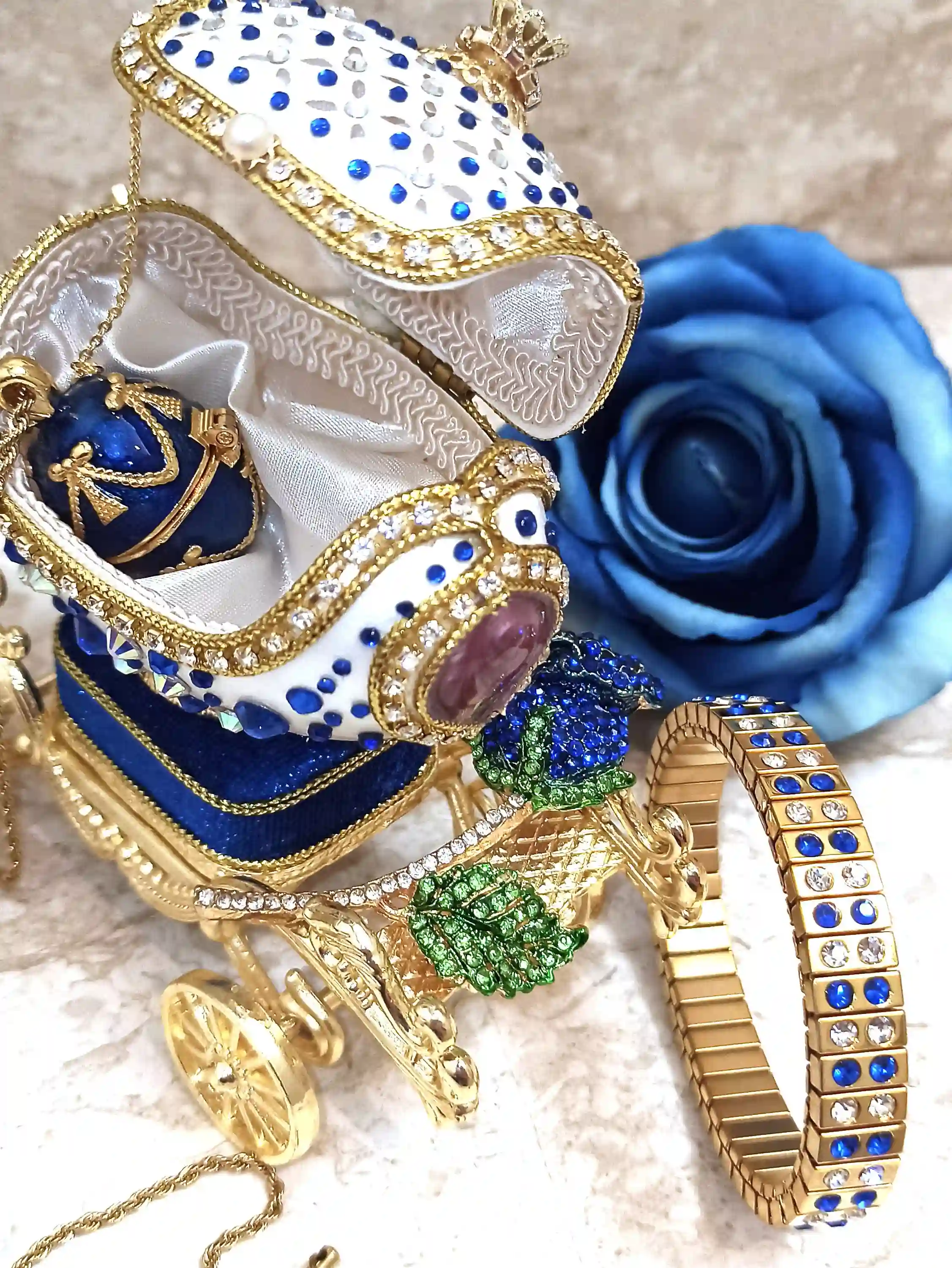 Blue Faberge Egg style ONE of a KIND Luxury Wedding Gift, 430 Sapphires & Diamonds Natural Handcarved Egg 24k Daughter wedding gift from Mom 