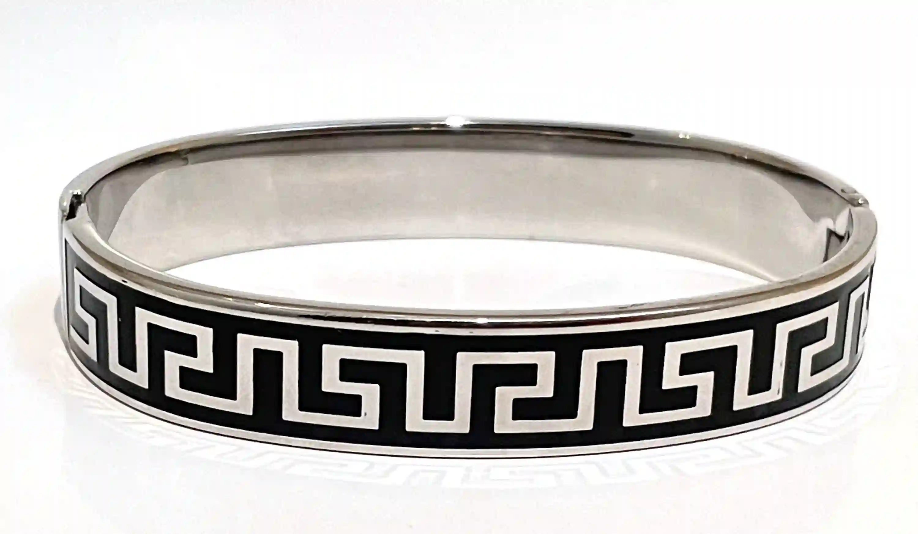 Designer Silver Meander Bracelet/ Black Greek Key Bracelet/Handmade Greek Key Jewelry/ Anniversary gift for wife/ Gift for her/ 10mm Silver 