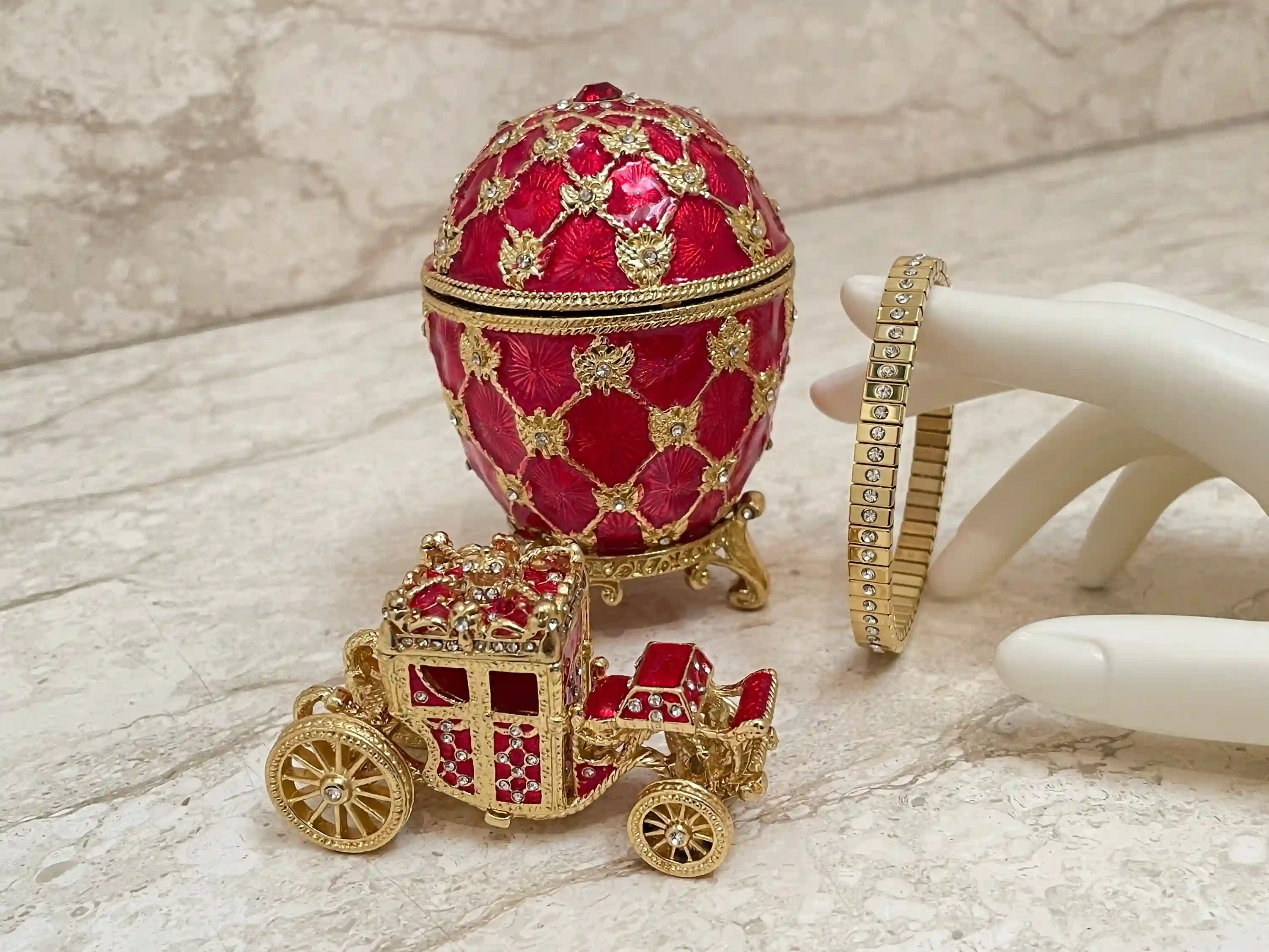 Handmade Ruby Faberge Style Egg Trinket & Gold Bracelet Faberge egg Christmas Easter Egg Valentine Gift for him, Faberge egg Decorative box 