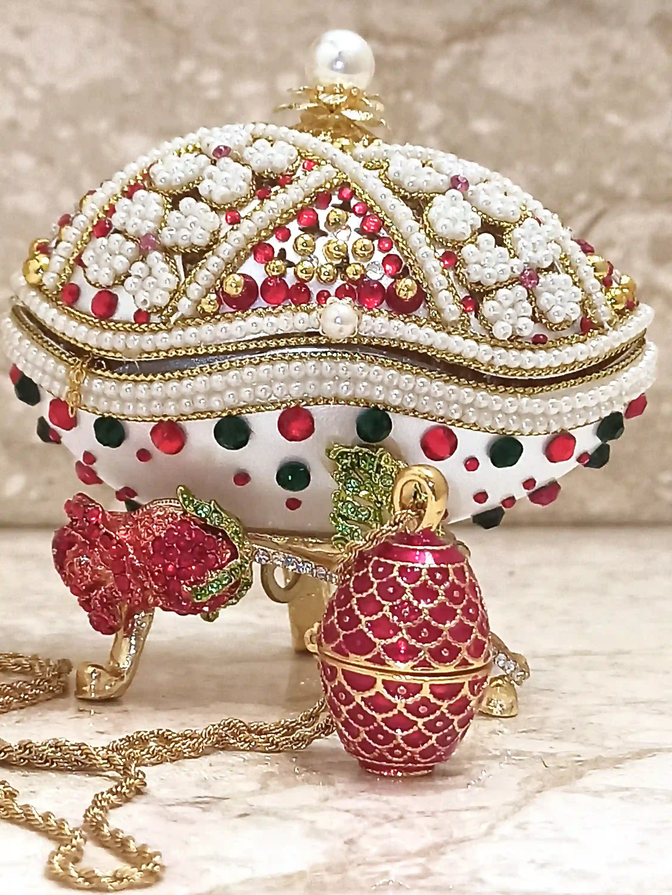 Faberge-Style EGG Ornament + Faberge-Style Egg NECKLACE + Ruby Gold Bracelet Maid Of Honor Gift Bridal Shower Gift MUSIC Birthday Gift for her 