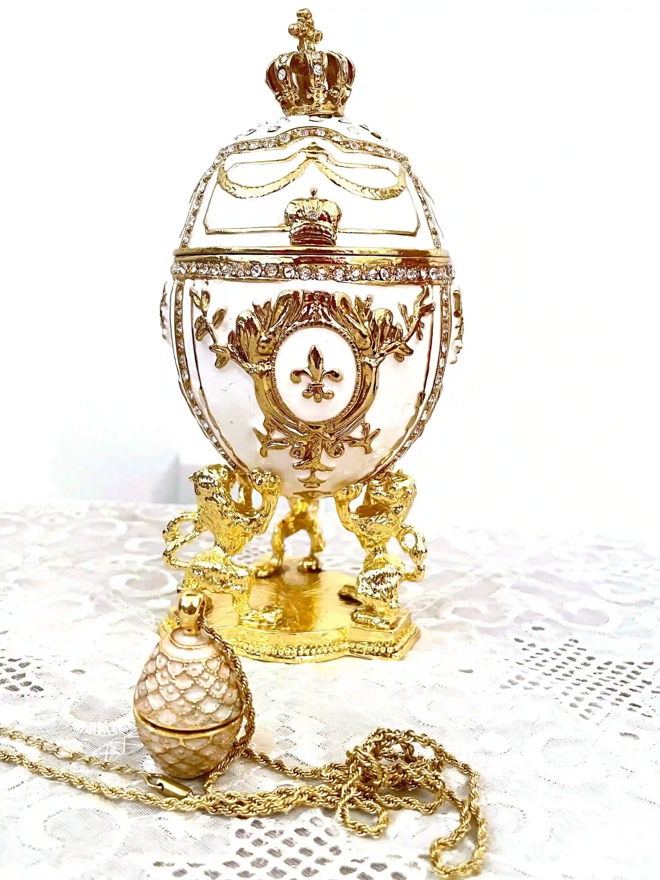 White Faberge egg - Imperial Lion Faberge style egg + Faberge Egg Pendant Necklace - White Gold trinket box - Swaroski Diamond HANDSET 24k 