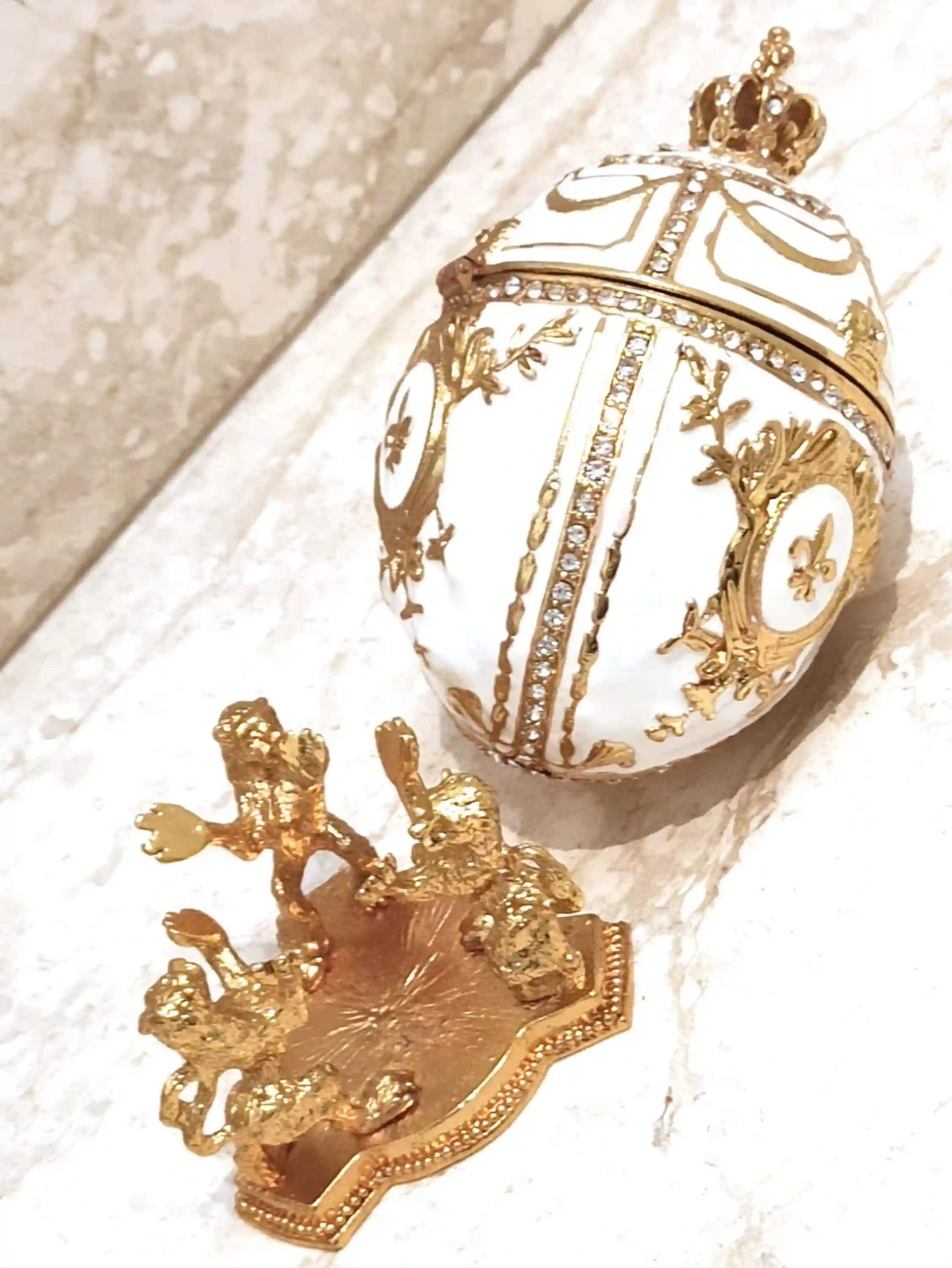 White Faberge-Style egg - Imperial Lion Faberge style egg + Faberge Egg Pendant Necklace - White Gold trinket box - Swaroski Diamond HANDSET 24k 